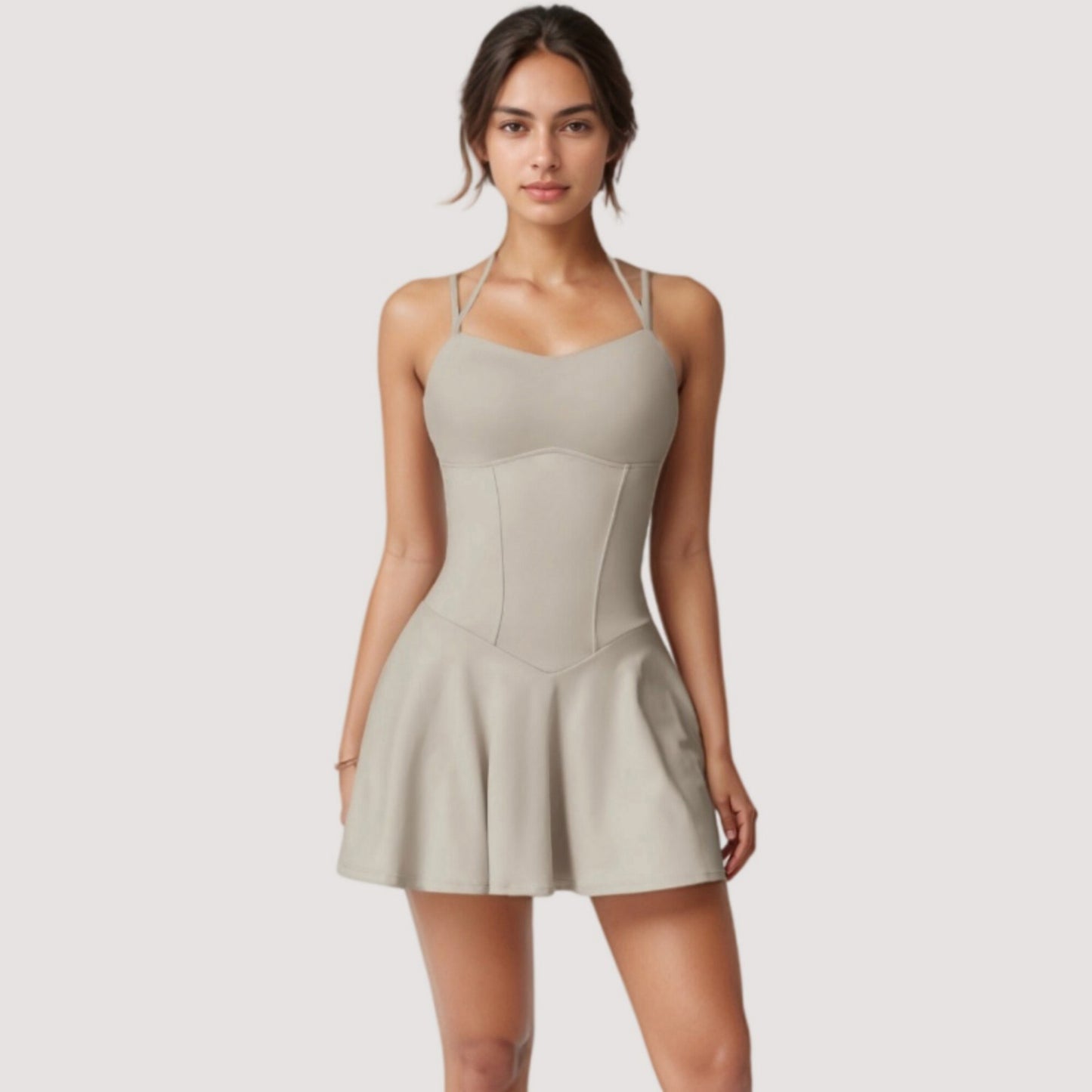 Strappy Athletic Dress with Built-In Shorts and Side Pocket Supportive Fit Stretch Fabric