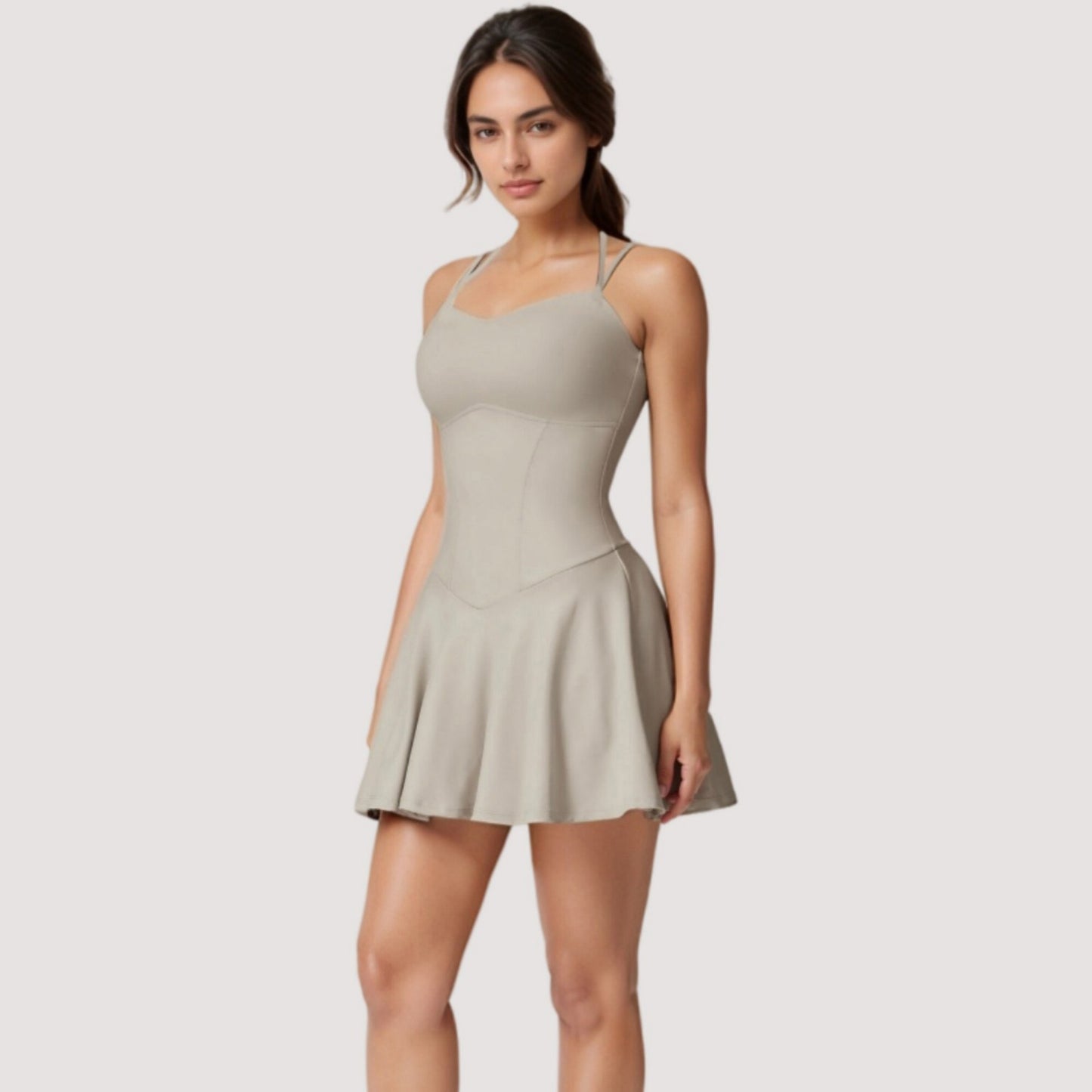 Strappy Athletic Dress with Built-In Shorts and Side Pocket Supportive Fit Stretch Fabric