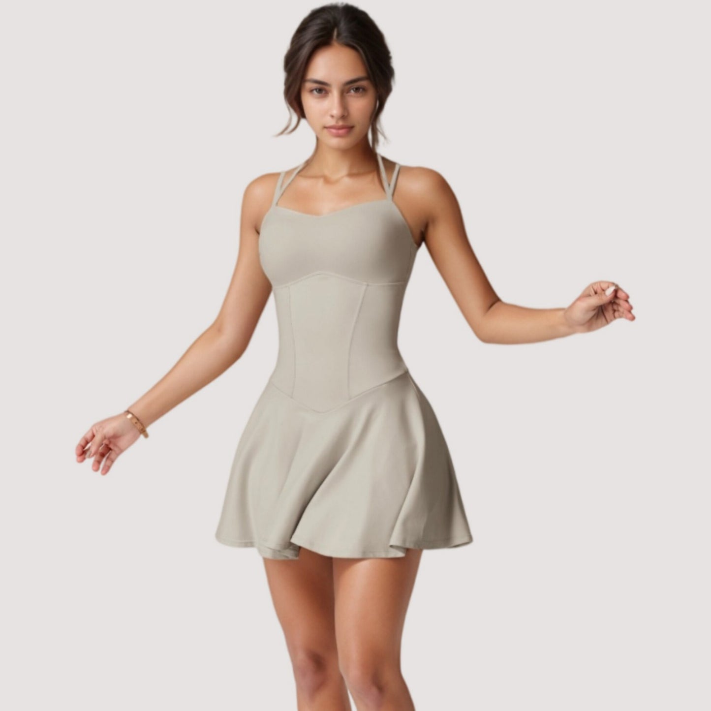 Strappy Athletic Dress with Built-In Shorts and Side Pocket Supportive Fit Stretch Fabric