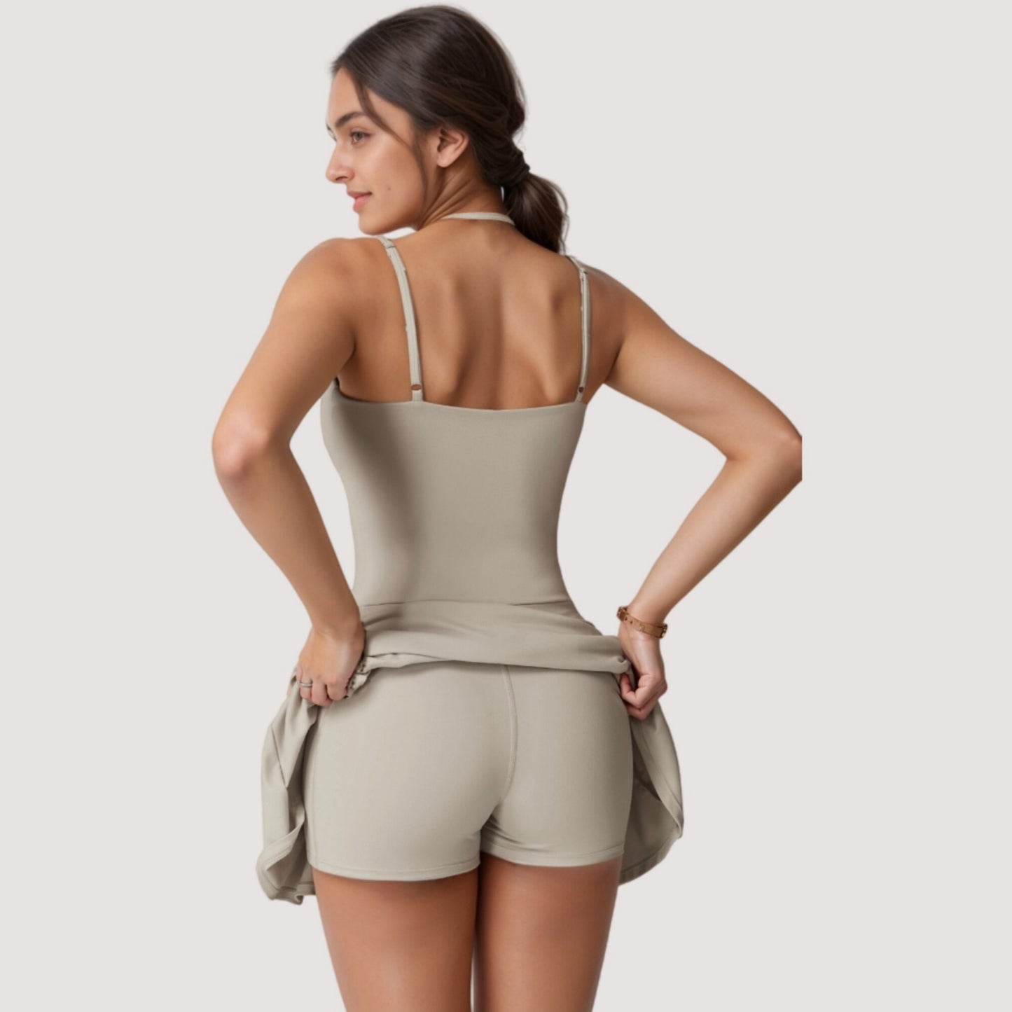 Strappy Athletic Dress with Built-In Shorts and Side Pocket Supportive Fit Stretch Fabric