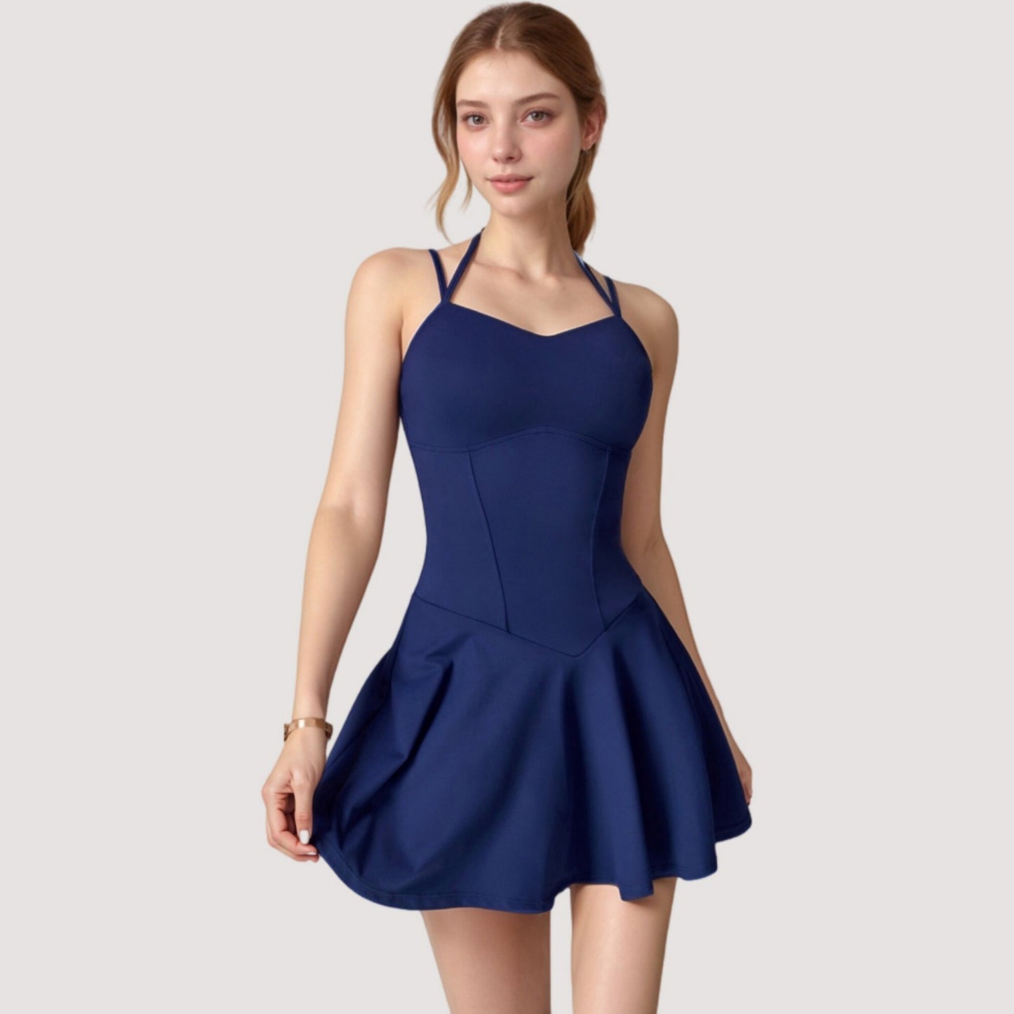 Strappy Athletic Dress with Built-In Shorts and Side Pocket Supportive Fit Stretch Fabric