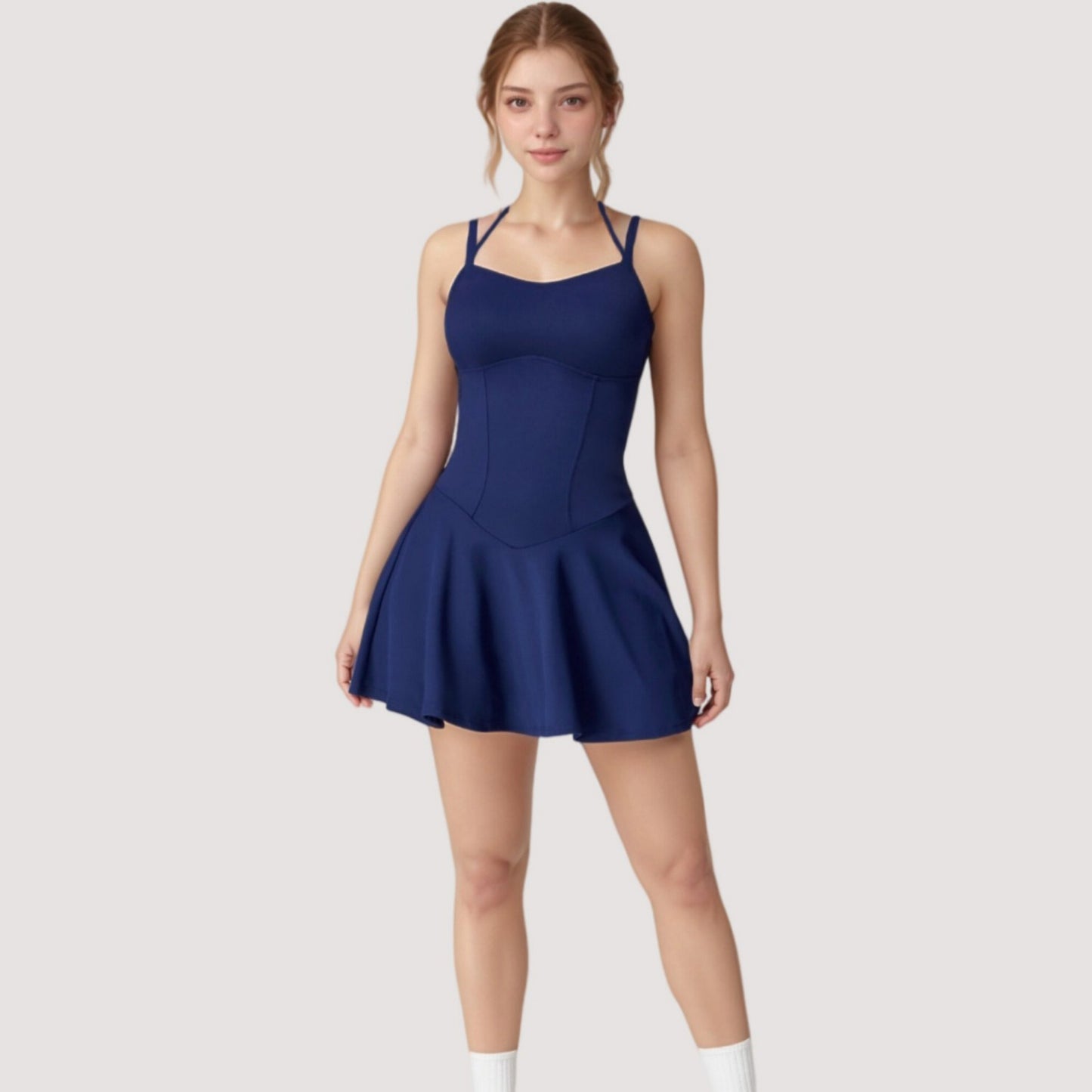 Strappy Athletic Dress with Built-In Shorts and Side Pocket Supportive Fit Stretch Fabric