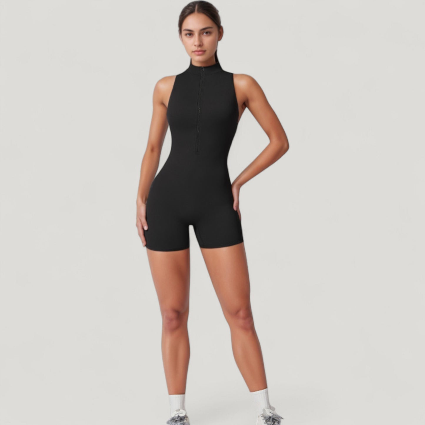 Sleeveless Zip Front Active Romper with High Neck and Fitted Stretch Fabric
