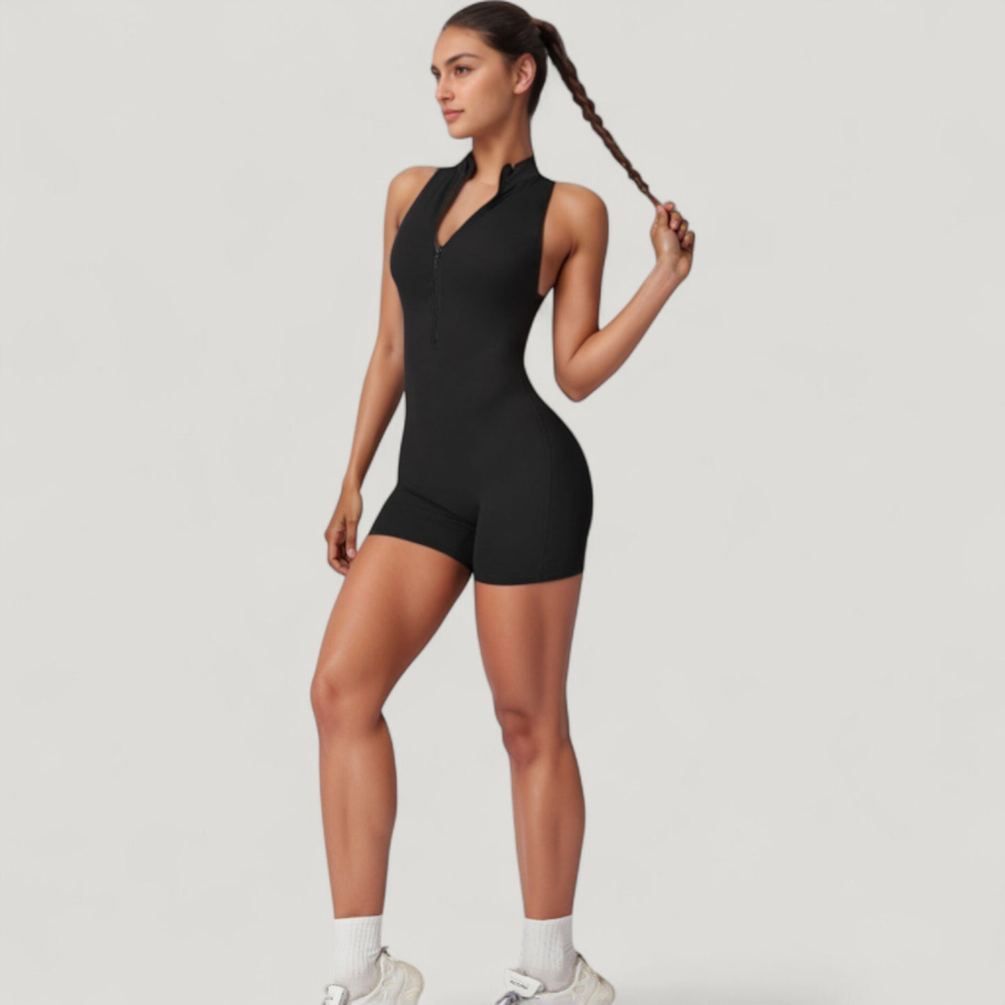 Sleeveless Zip Front Active Romper with High Neck and Fitted Stretch Fabric