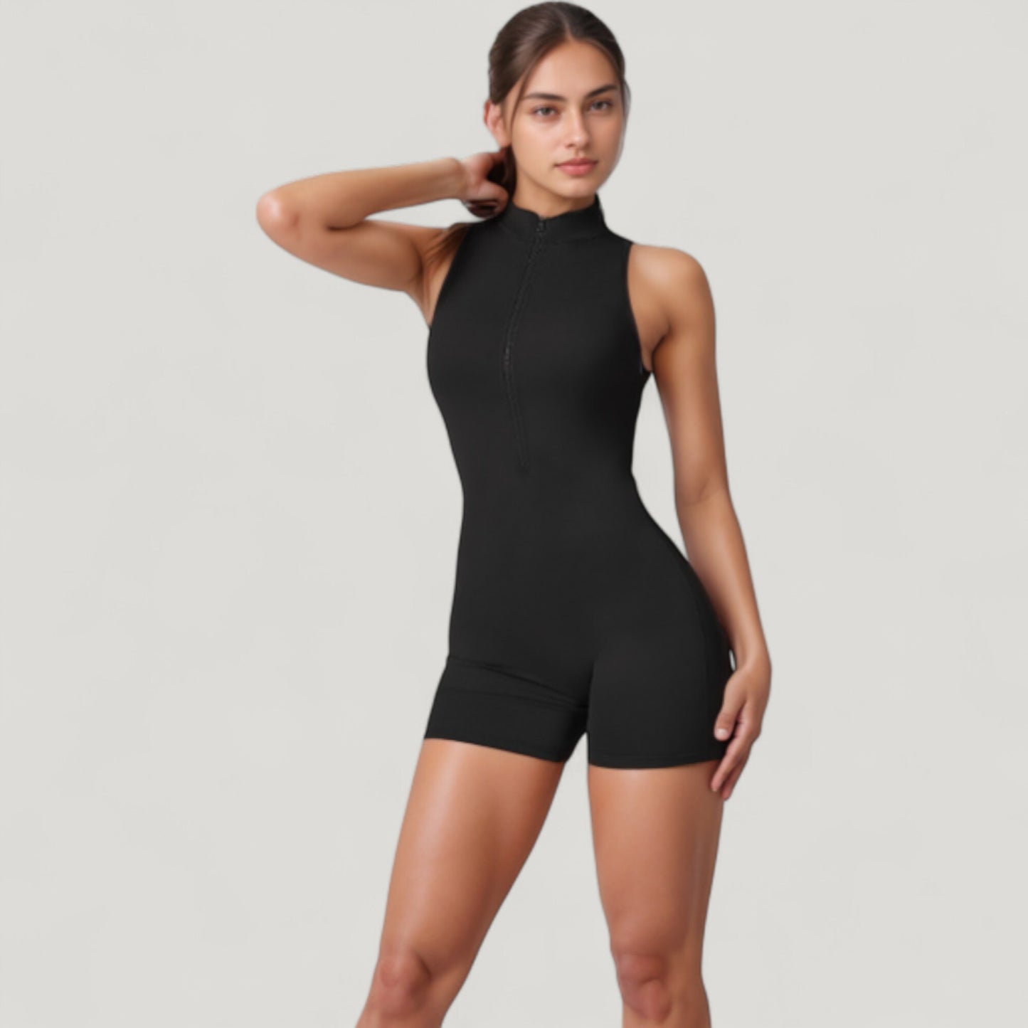 Sleeveless Zip Front Active Romper with High Neck and Fitted Stretch Fabric