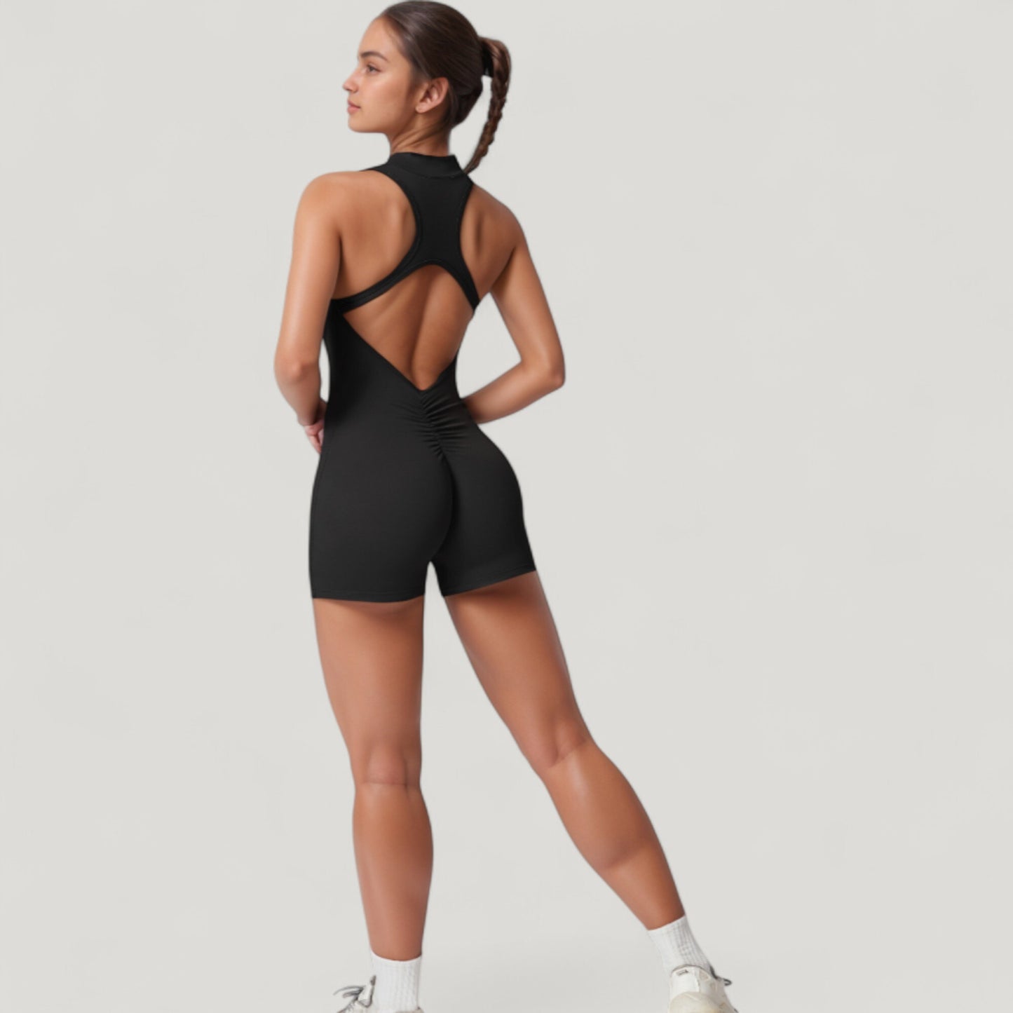 Sleeveless Zip Front Active Romper with High Neck and Fitted Stretch Fabric