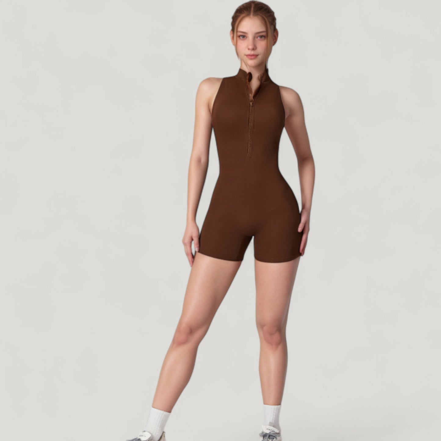 Sleeveless Zip Front Active Romper with High Neck and Fitted Stretch Fabric