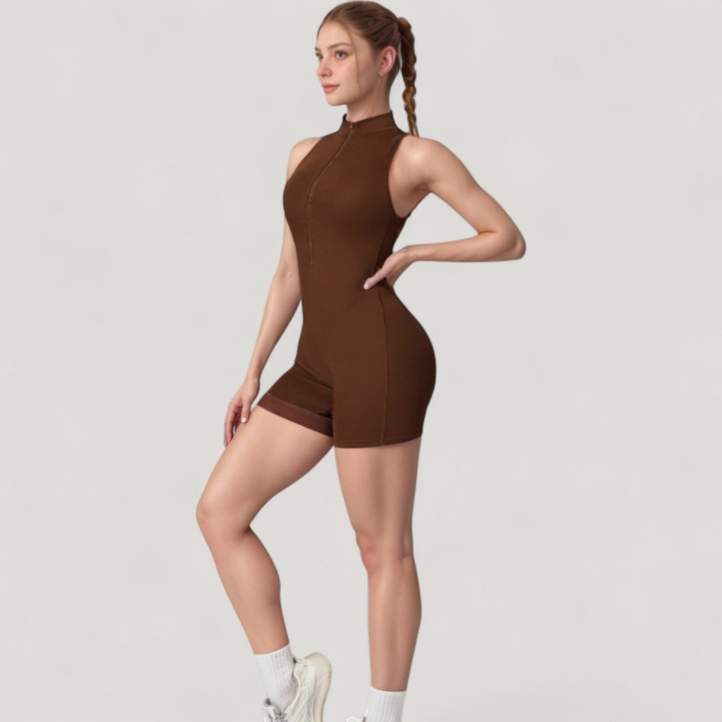 Sleeveless Zip Front Active Romper with High Neck and Fitted Stretch Fabric
