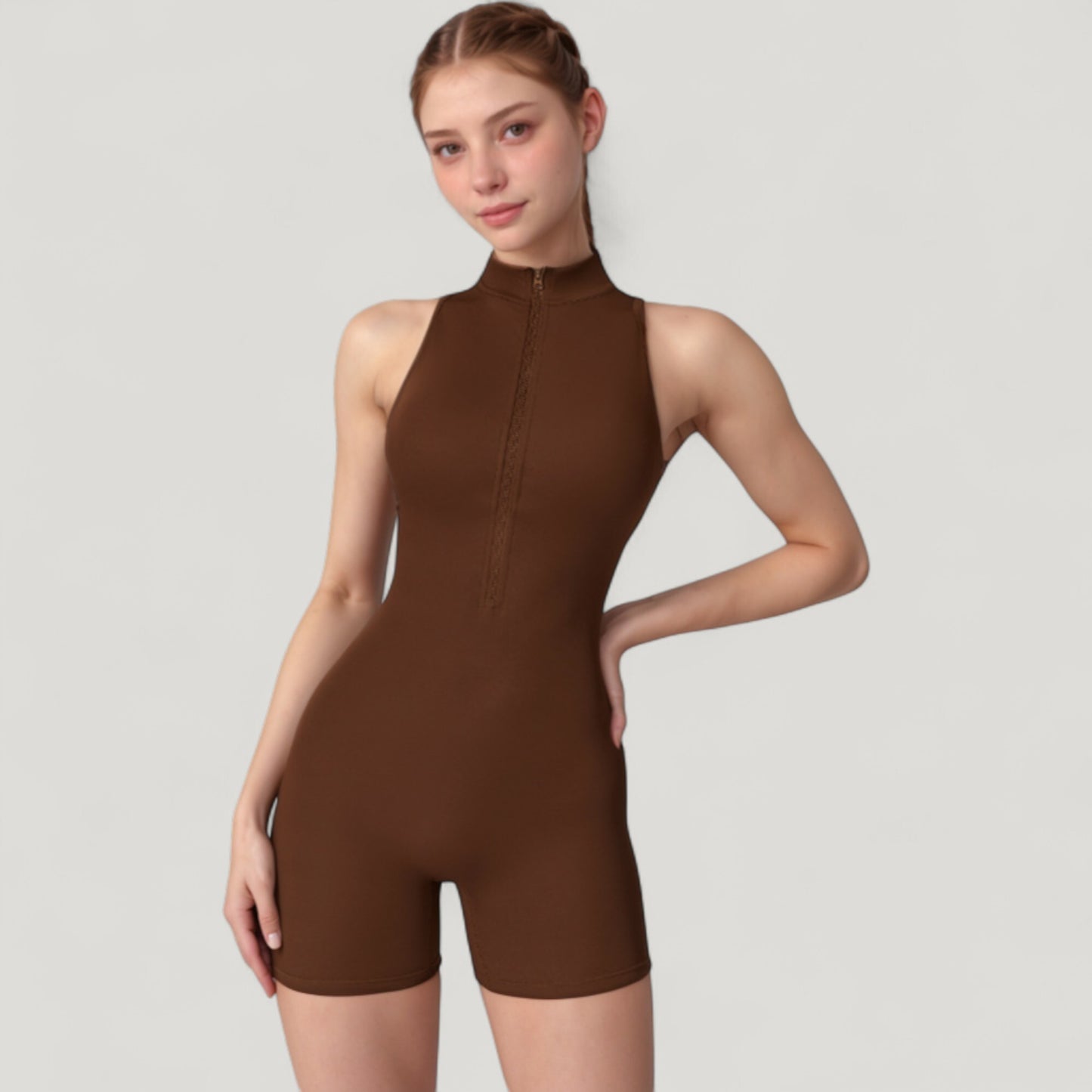 Sleeveless Zip Front Active Romper with High Neck and Fitted Stretch Fabric