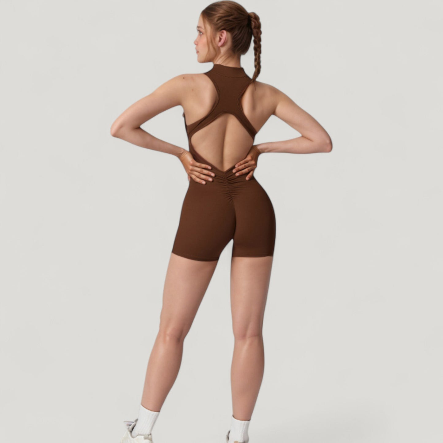 Sleeveless Zip Front Active Romper with High Neck and Fitted Stretch Fabric