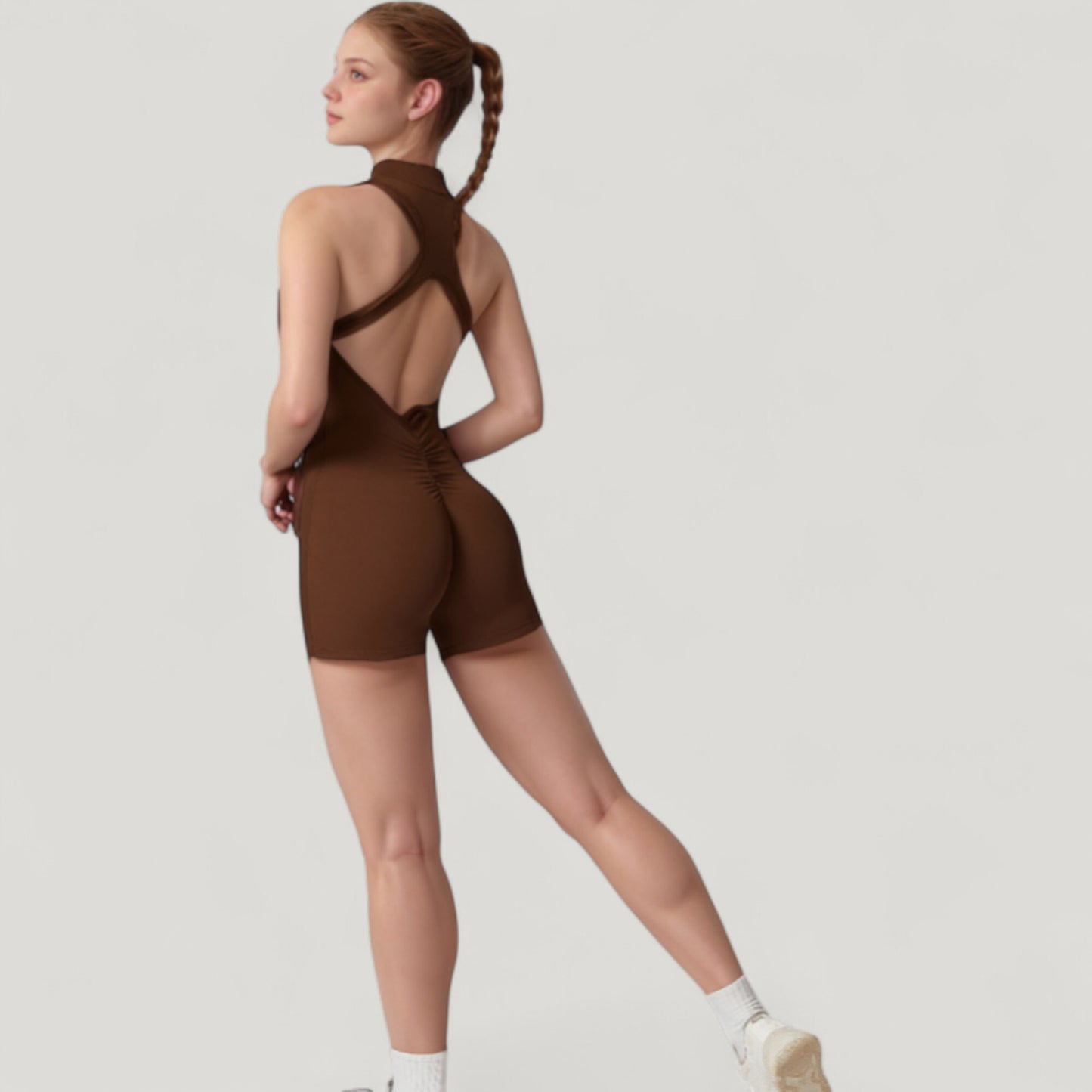 Sleeveless Zip Front Active Romper with High Neck and Fitted Stretch Fabric