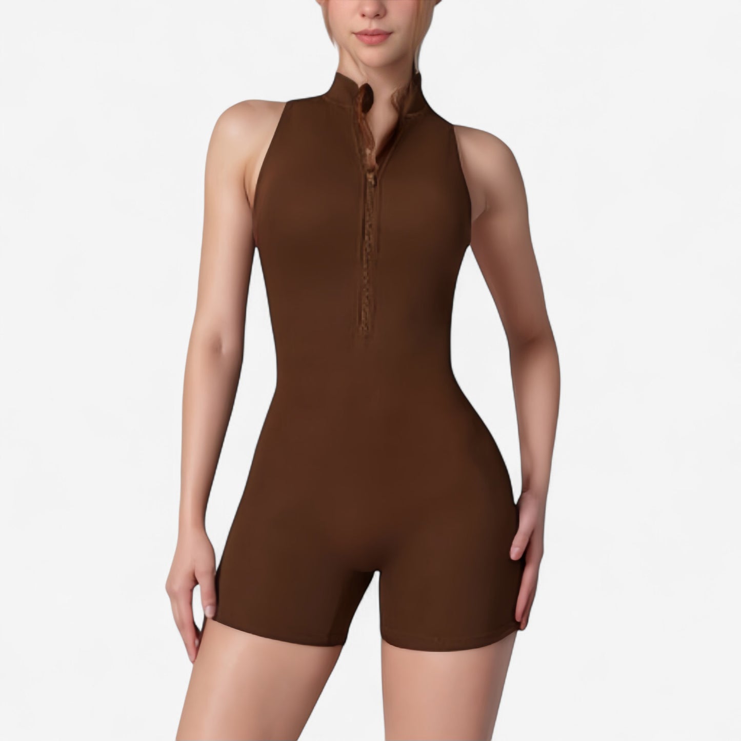 Sleeveless Zip Front Active Romper with High Neck and Fitted Stretch Fabric