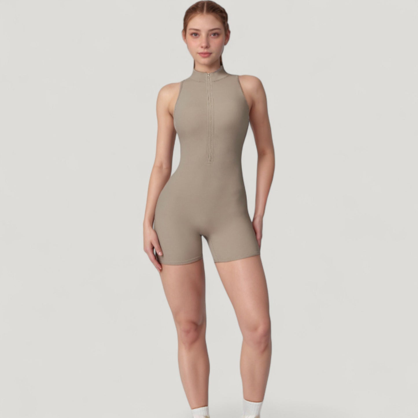 Sleeveless Zip Front Active Romper with High Neck and Fitted Stretch Fabric