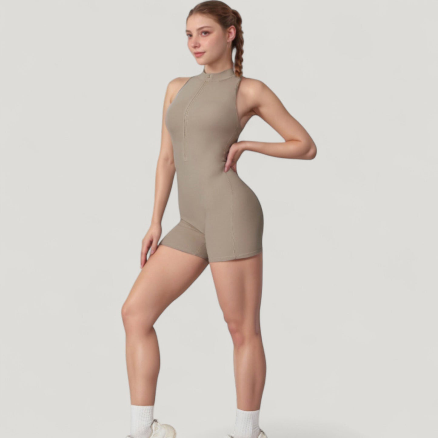 Sleeveless Zip Front Active Romper with High Neck and Fitted Stretch Fabric