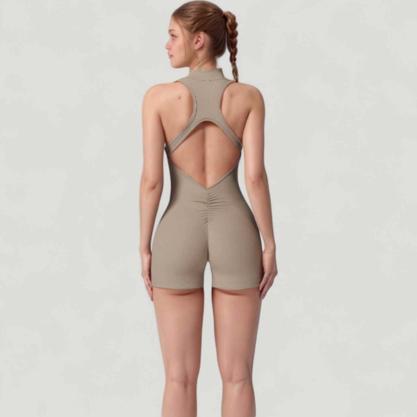 Sleeveless Zip Front Active Romper with High Neck and Fitted Stretch Fabric