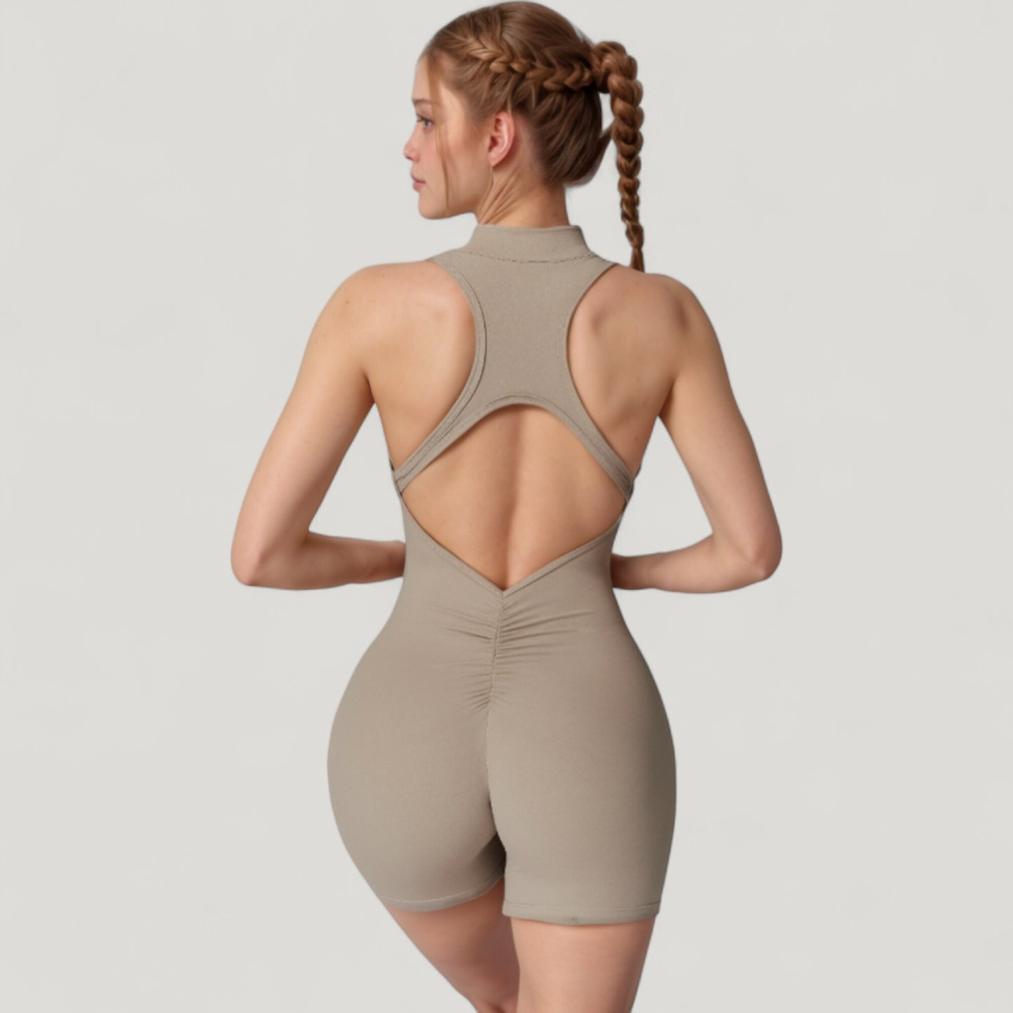 Sleeveless Zip Front Active Romper with High Neck and Fitted Stretch Fabric
