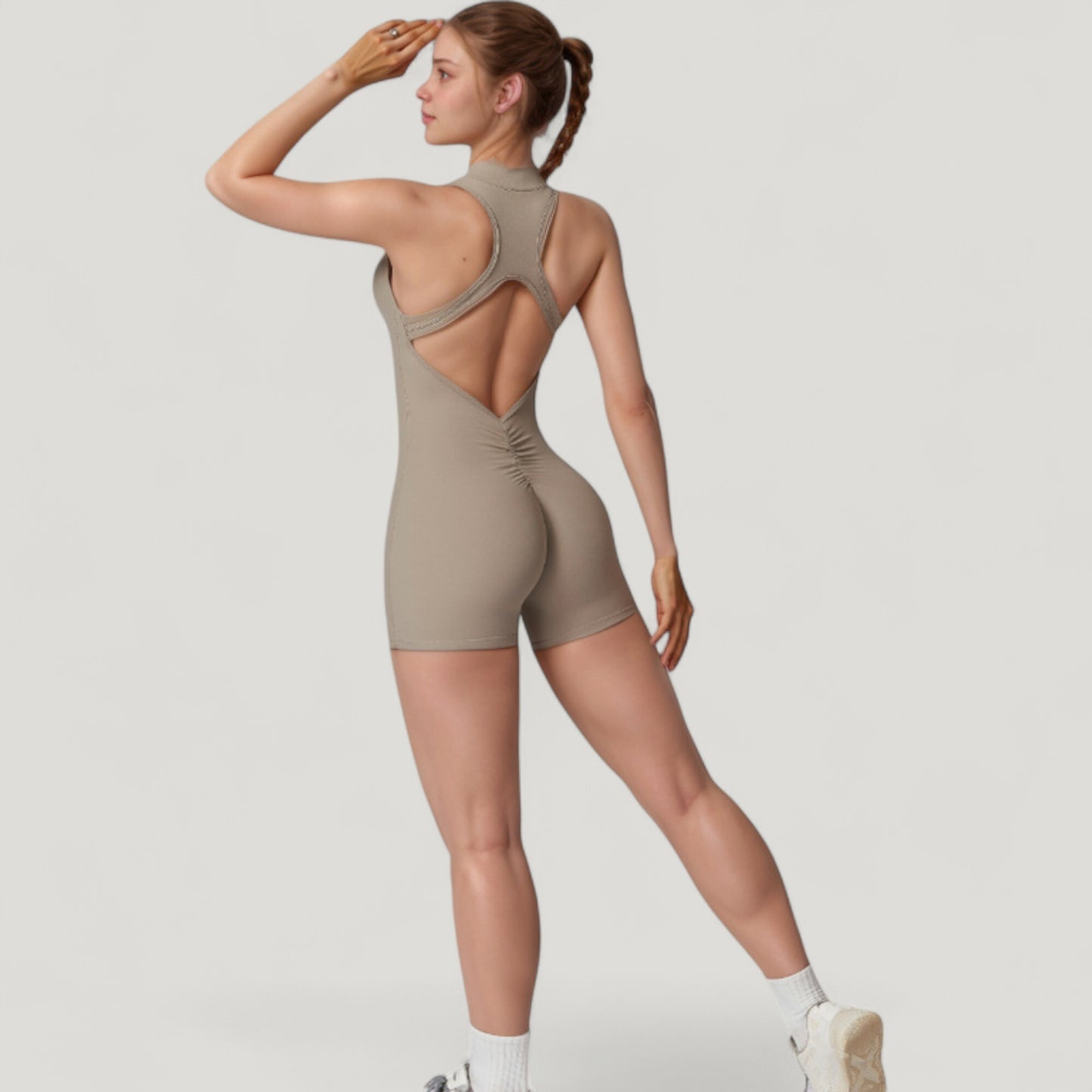 Sleeveless Zip Front Active Romper with High Neck and Fitted Stretch Fabric