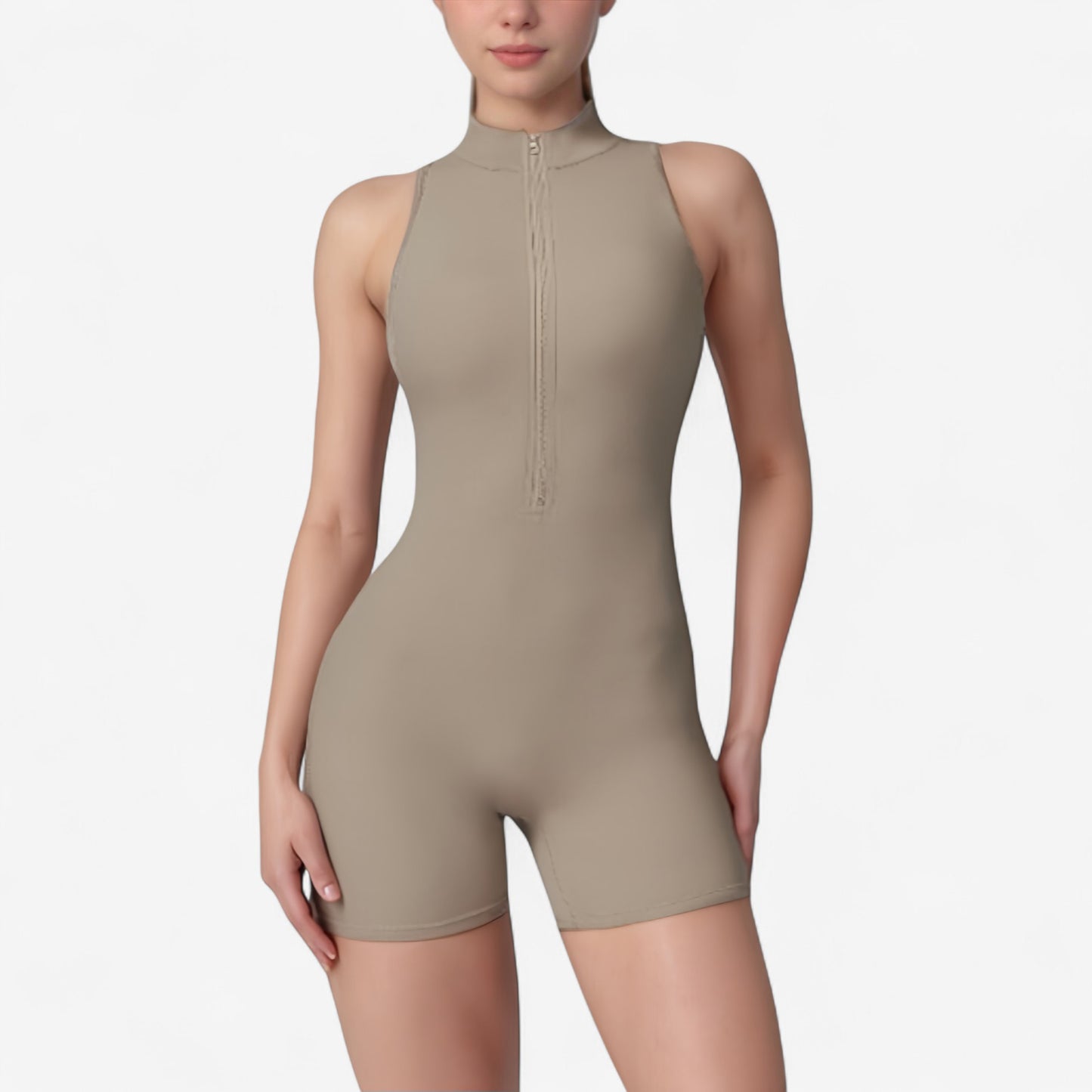 Sleeveless Zip Front Active Romper with High Neck and Fitted Stretch Fabric