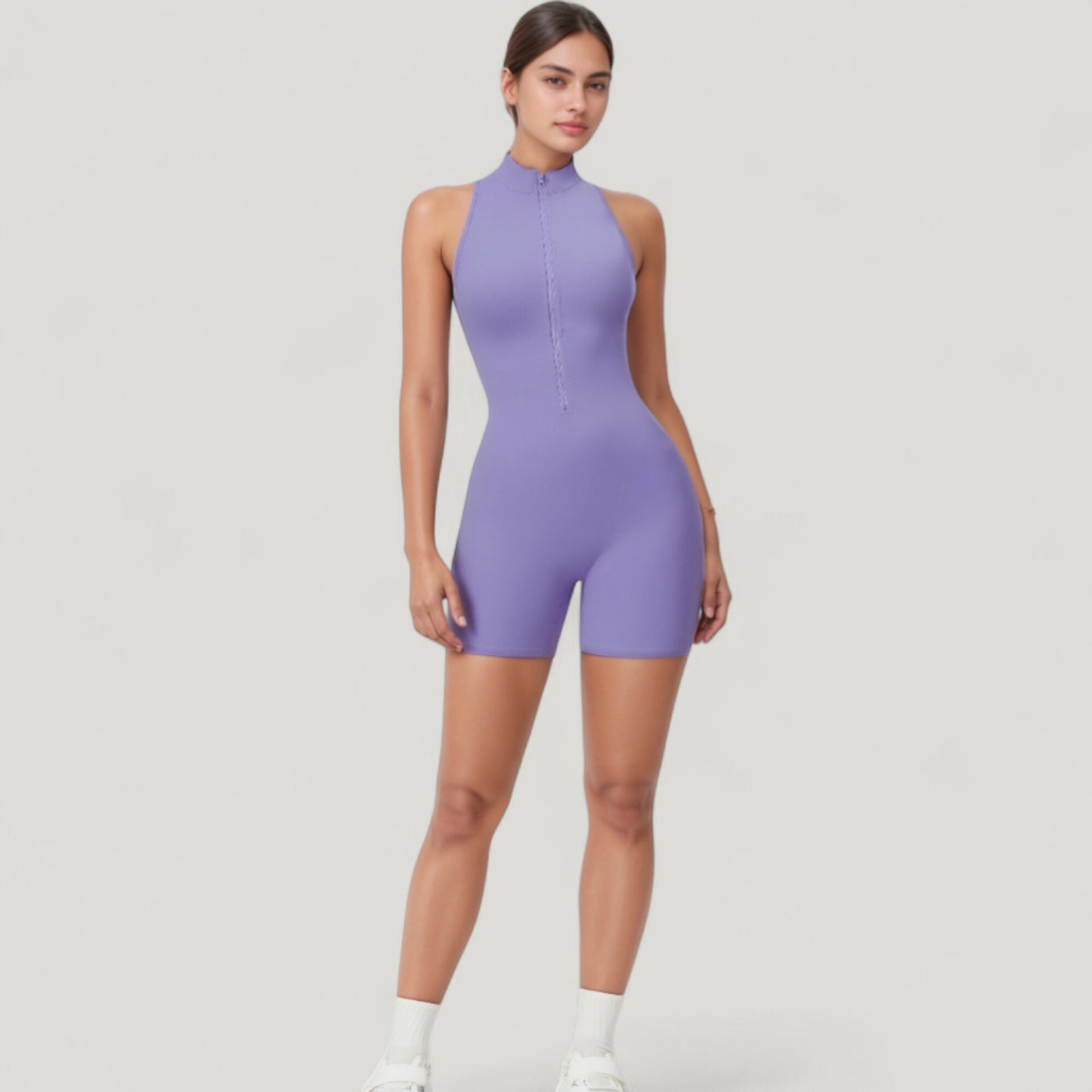 Sleeveless Zip Front Active Romper with High Neck and Fitted Stretch Fabric