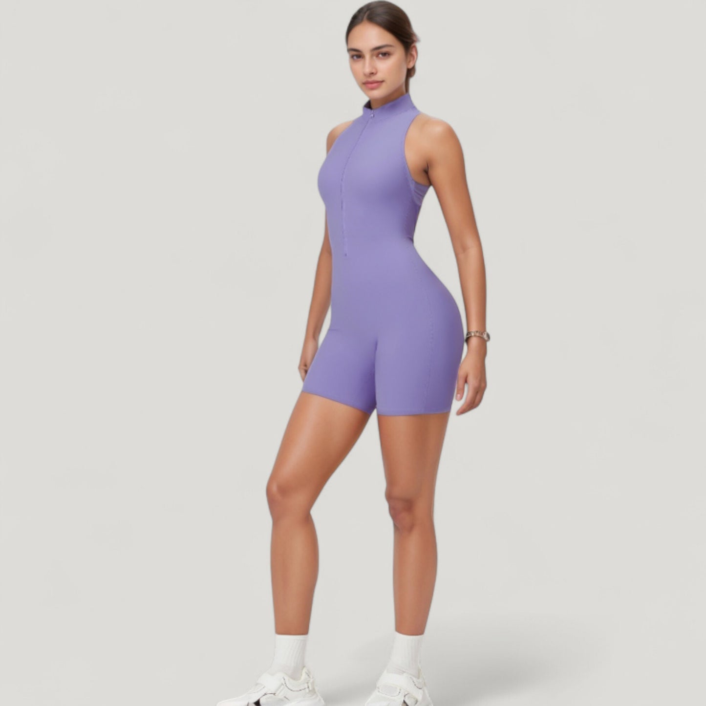 Sleeveless Zip Front Active Romper with High Neck and Fitted Stretch Fabric