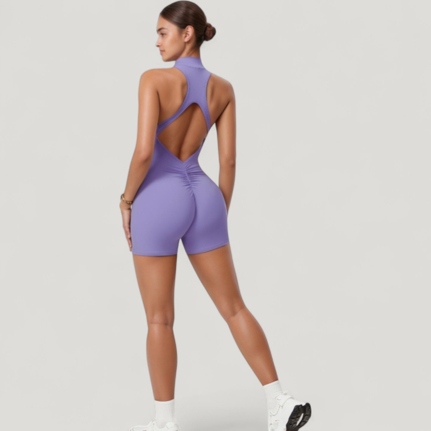 Sleeveless Zip Front Active Romper with High Neck and Fitted Stretch Fabric
