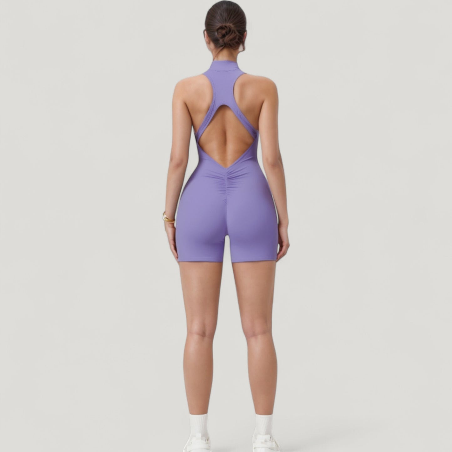 Sleeveless Zip Front Active Romper with High Neck and Fitted Stretch Fabric