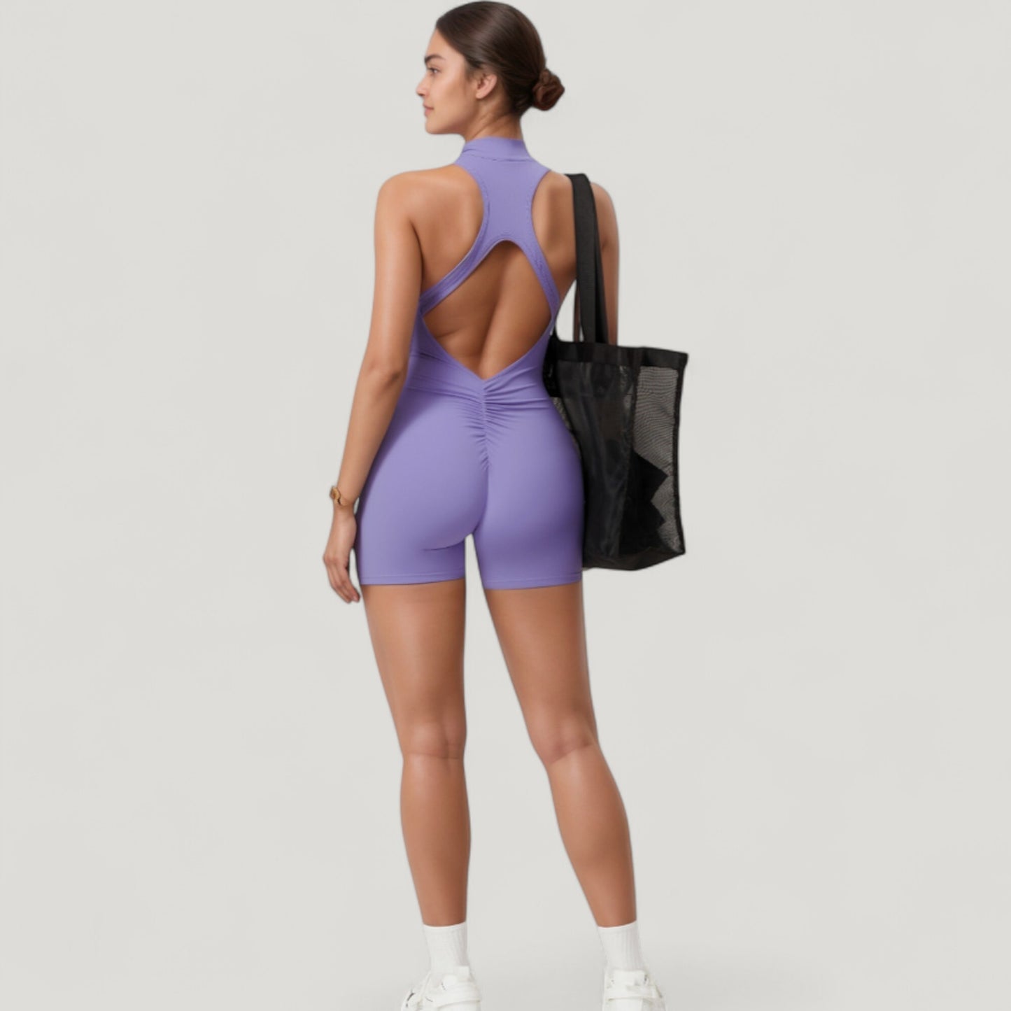 Sleeveless Zip Front Active Romper with High Neck and Fitted Stretch Fabric