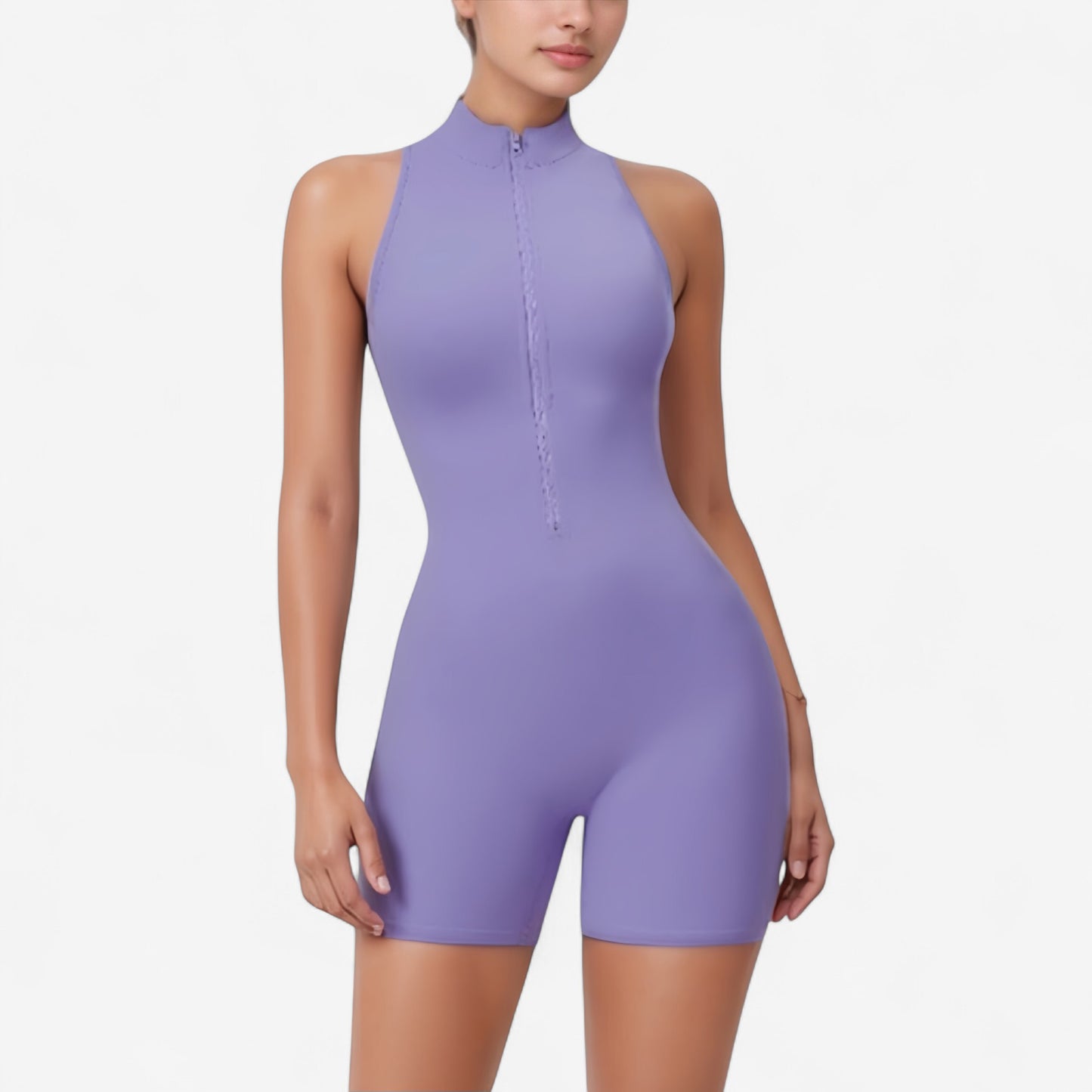 Sleeveless Zip Front Active Romper with High Neck and Fitted Stretch Fabric