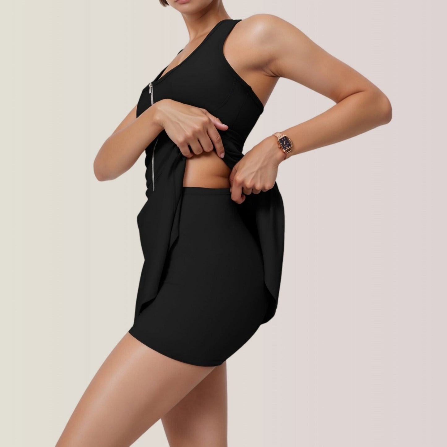 Activewear Romper with Skirt Overlay and Built-In Shorts Design