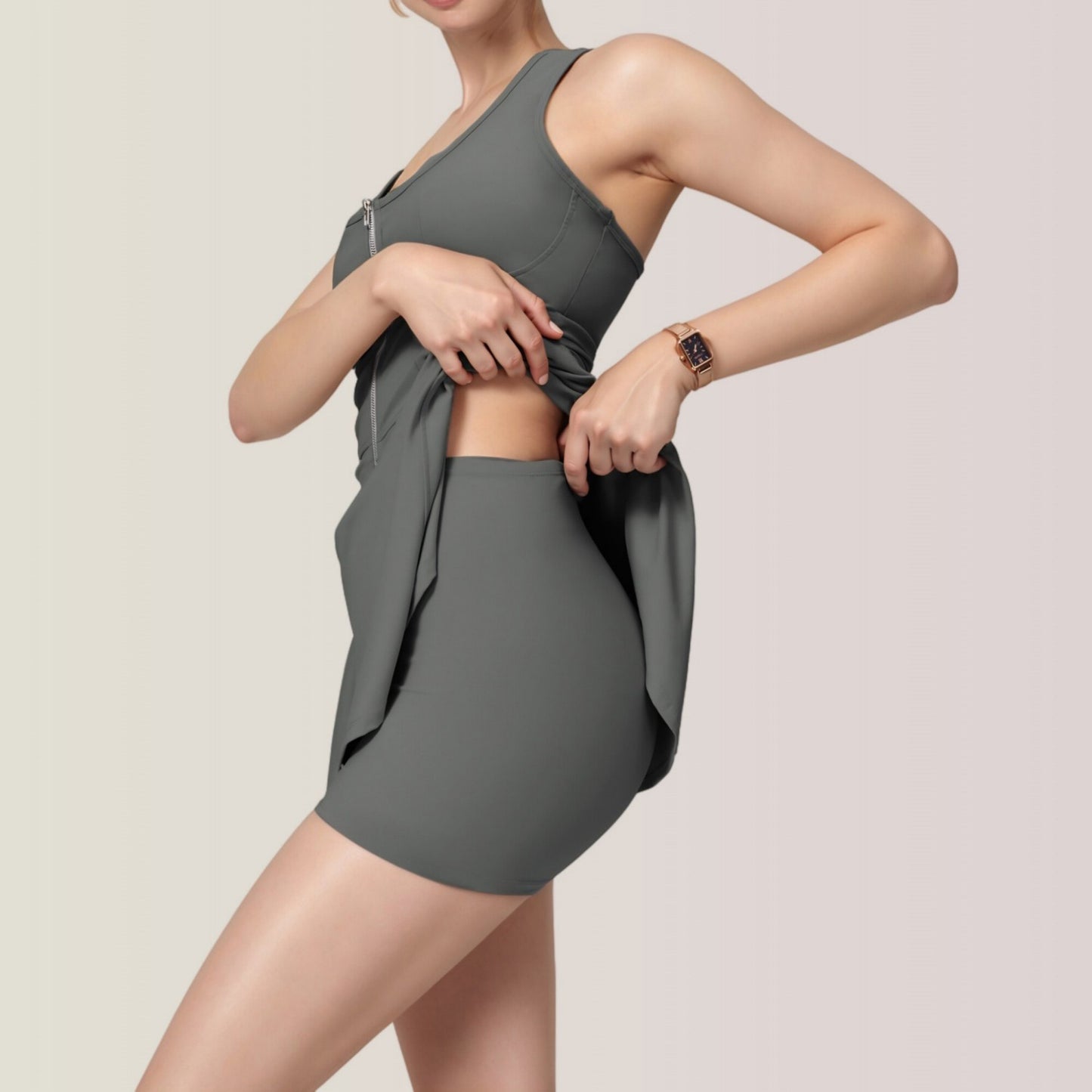 Activewear Romper with Skirt Overlay and Built-In Shorts Design