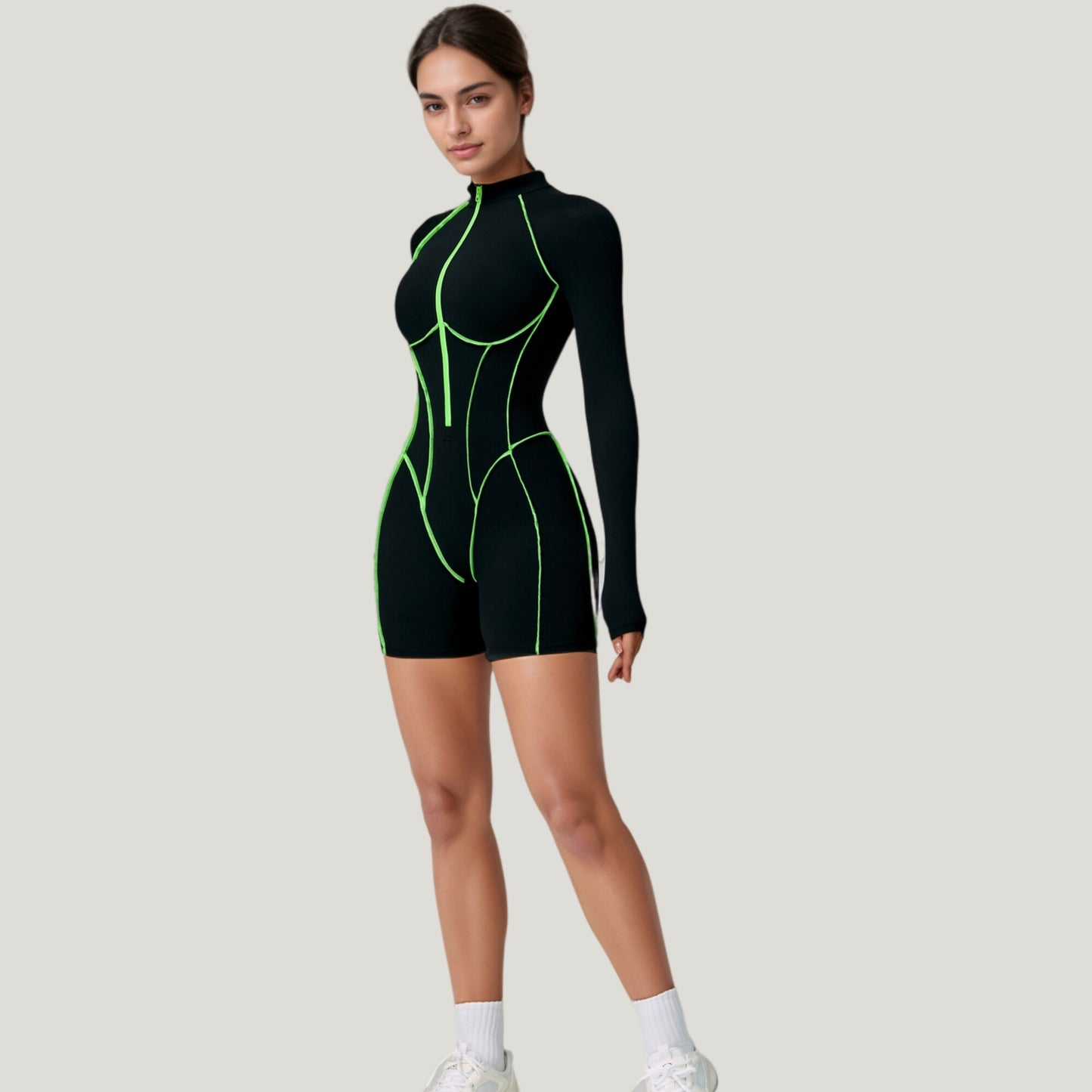 Long Sleeve Zip Front Active Romper with Neon Piping and Contoured Seams