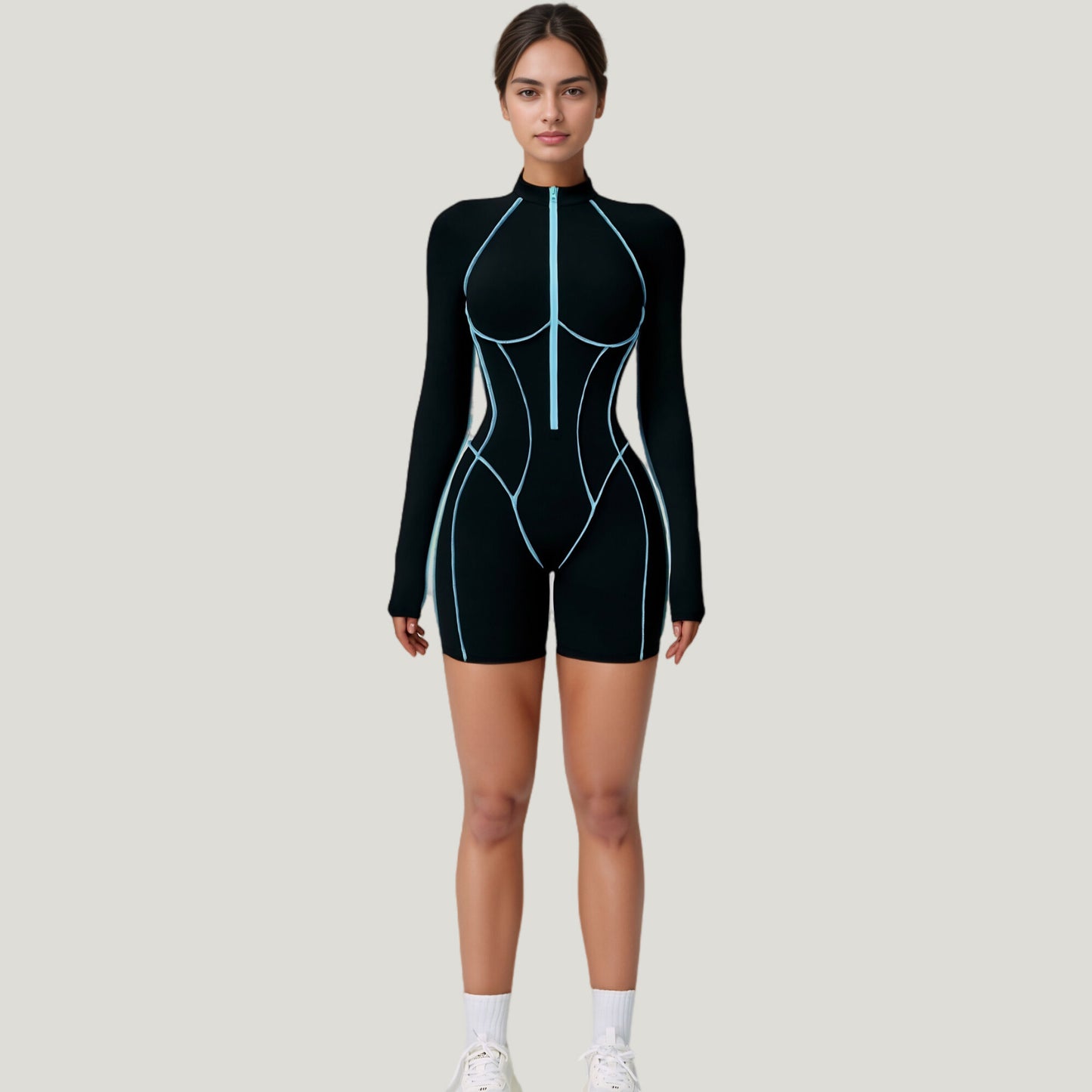 Long Sleeve Zip Front Active Romper with Neon Piping and Contoured Seams