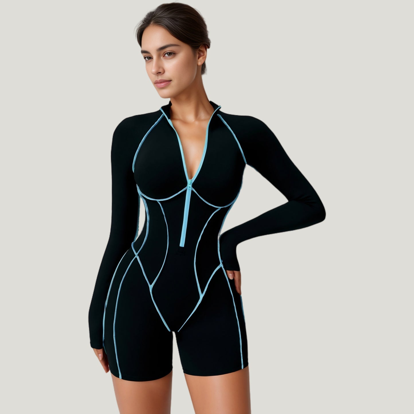 Long Sleeve Zip Front Active Romper with Neon Piping and Contoured Seams