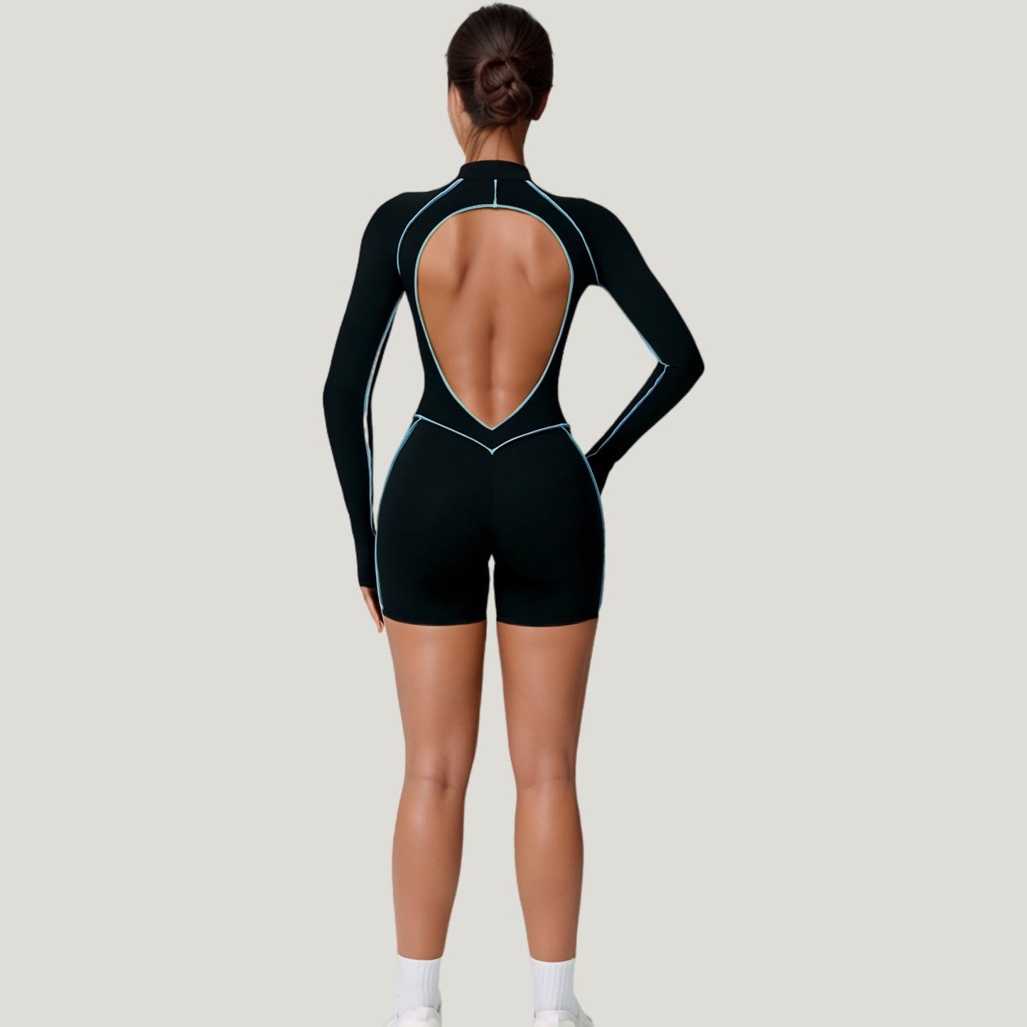 Long Sleeve Zip Front Active Romper with Neon Piping and Contoured Seams