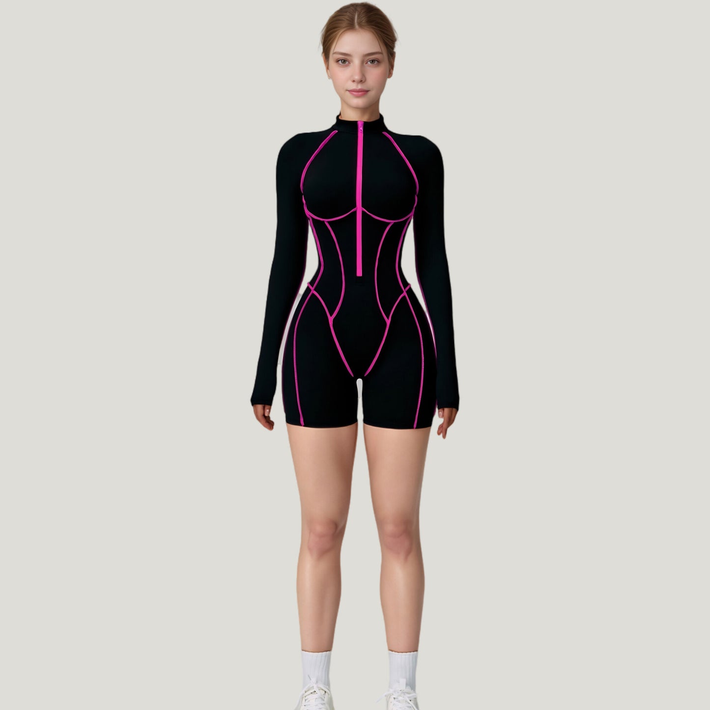 Long Sleeve Zip Front Active Romper with Neon Piping and Contoured Seams