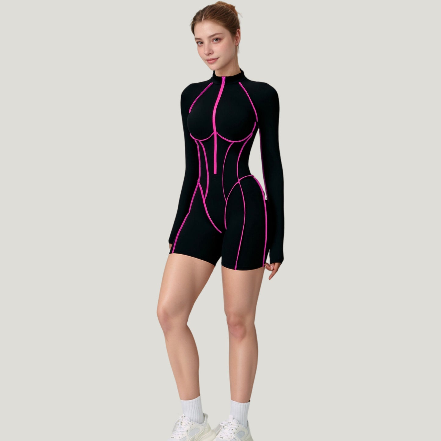 Long Sleeve Zip Front Active Romper with Neon Piping and Contoured Seams