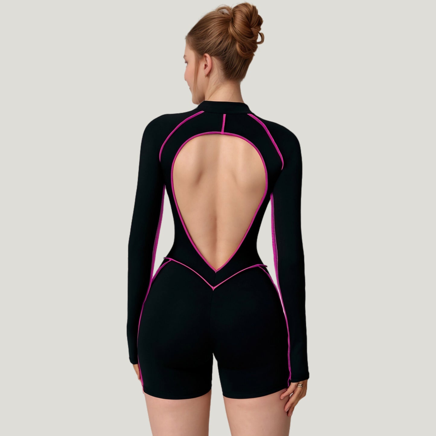 Long Sleeve Zip Front Active Romper with Neon Piping and Contoured Seams