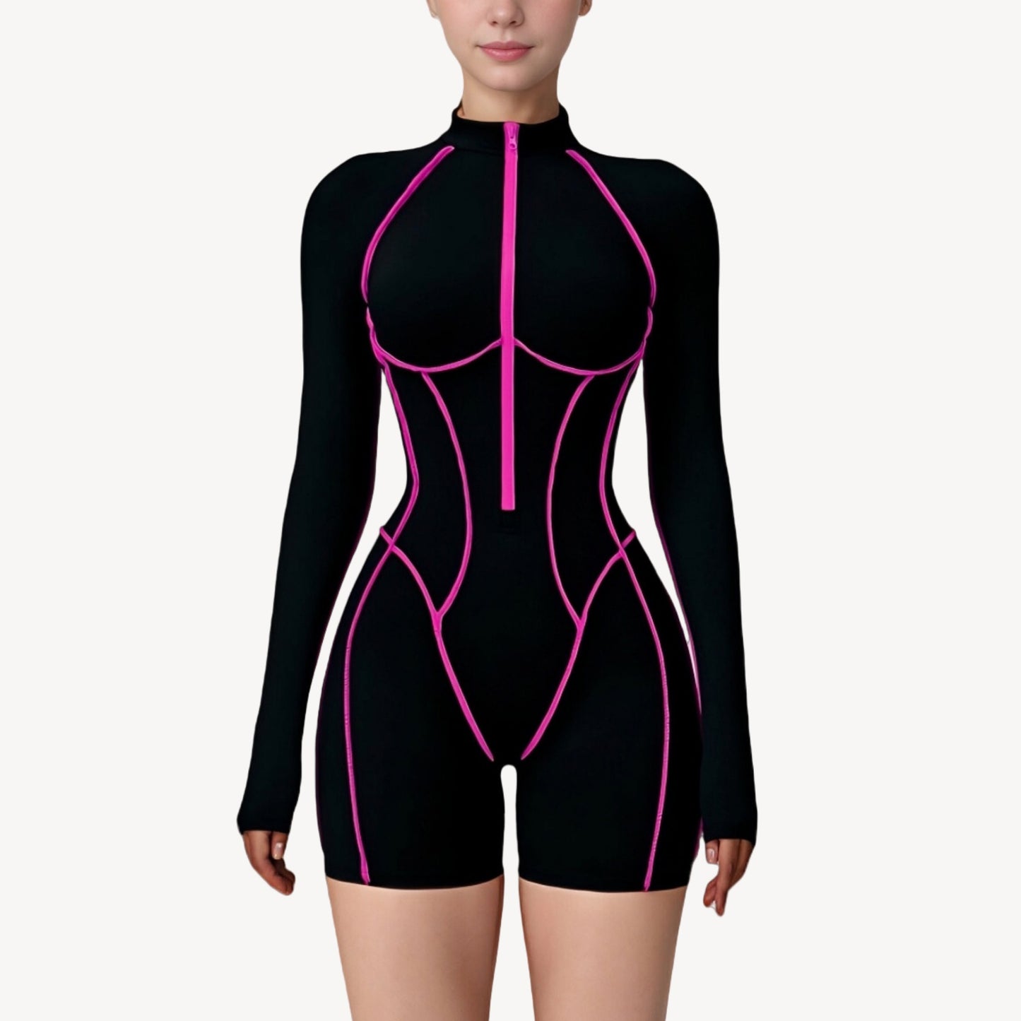 Long Sleeve Zip Front Active Romper with Neon Piping and Contoured Seams