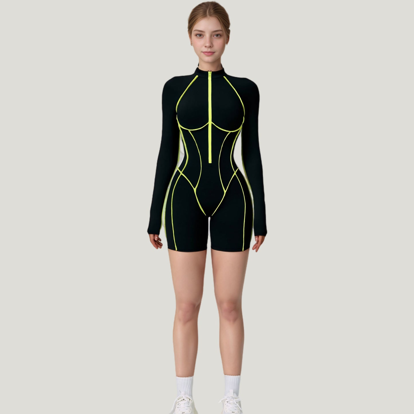 Long Sleeve Zip Front Active Romper with Neon Piping and Contoured Seams
