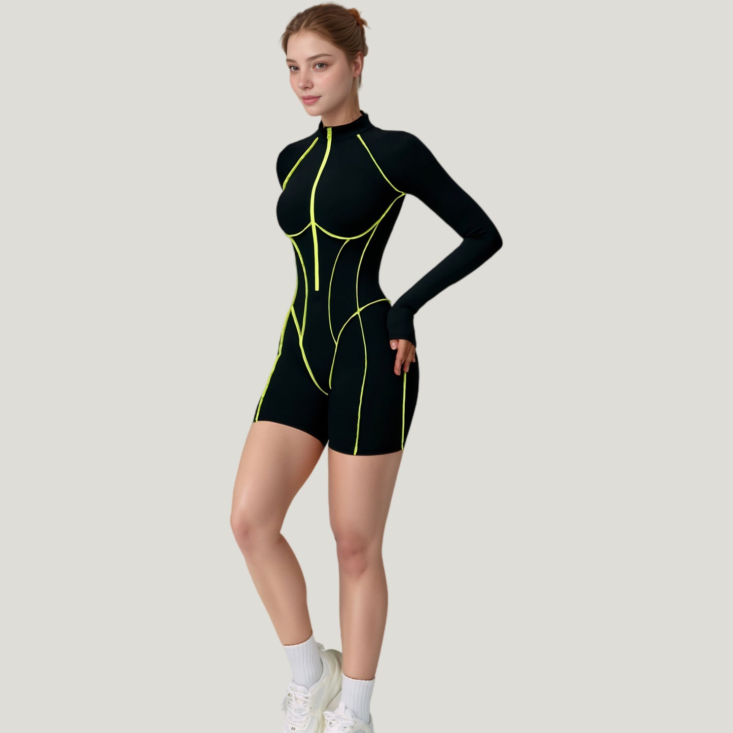 Long Sleeve Zip Front Active Romper with Neon Piping and Contoured Seams