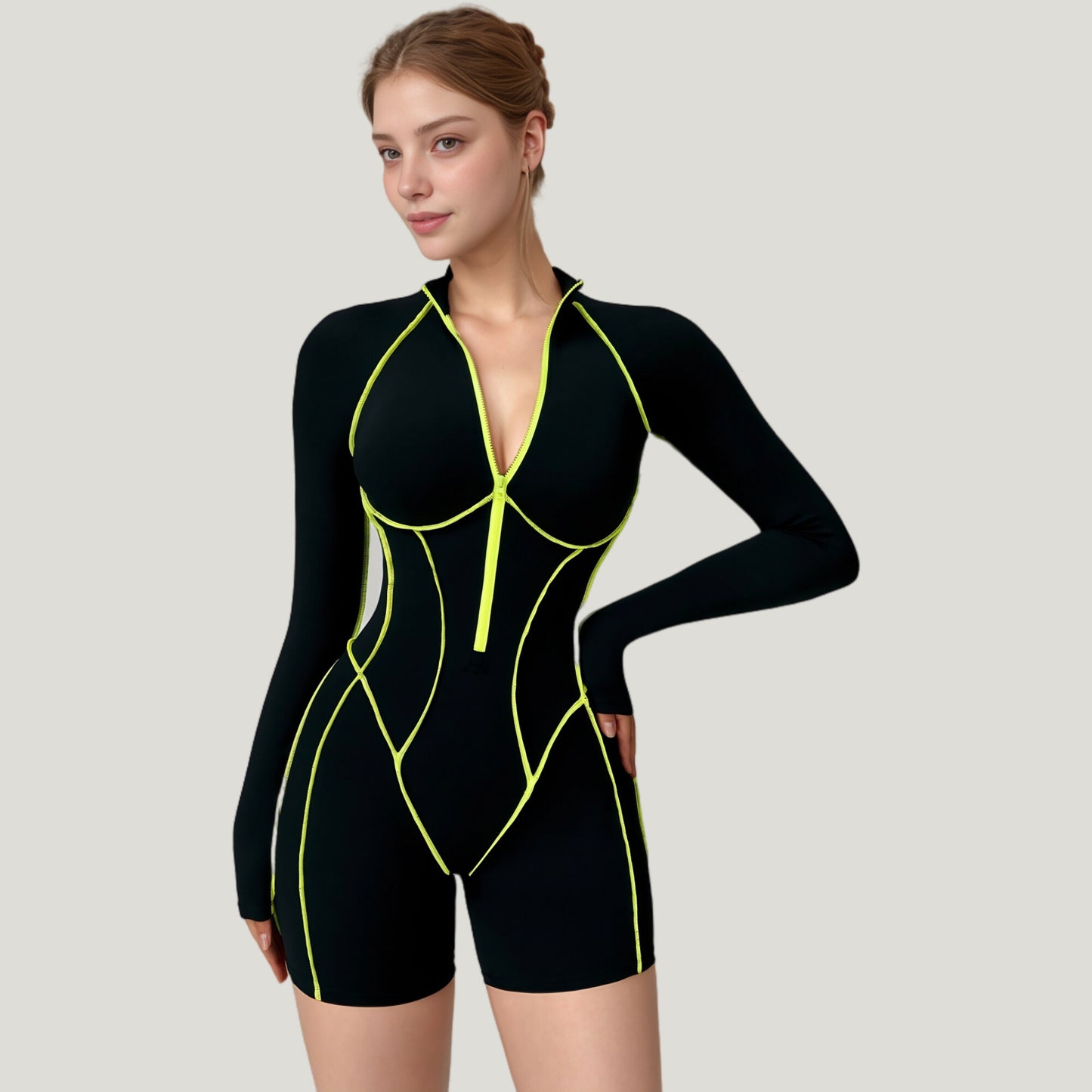 Long Sleeve Zip Front Active Romper with Neon Piping and Contoured Seams