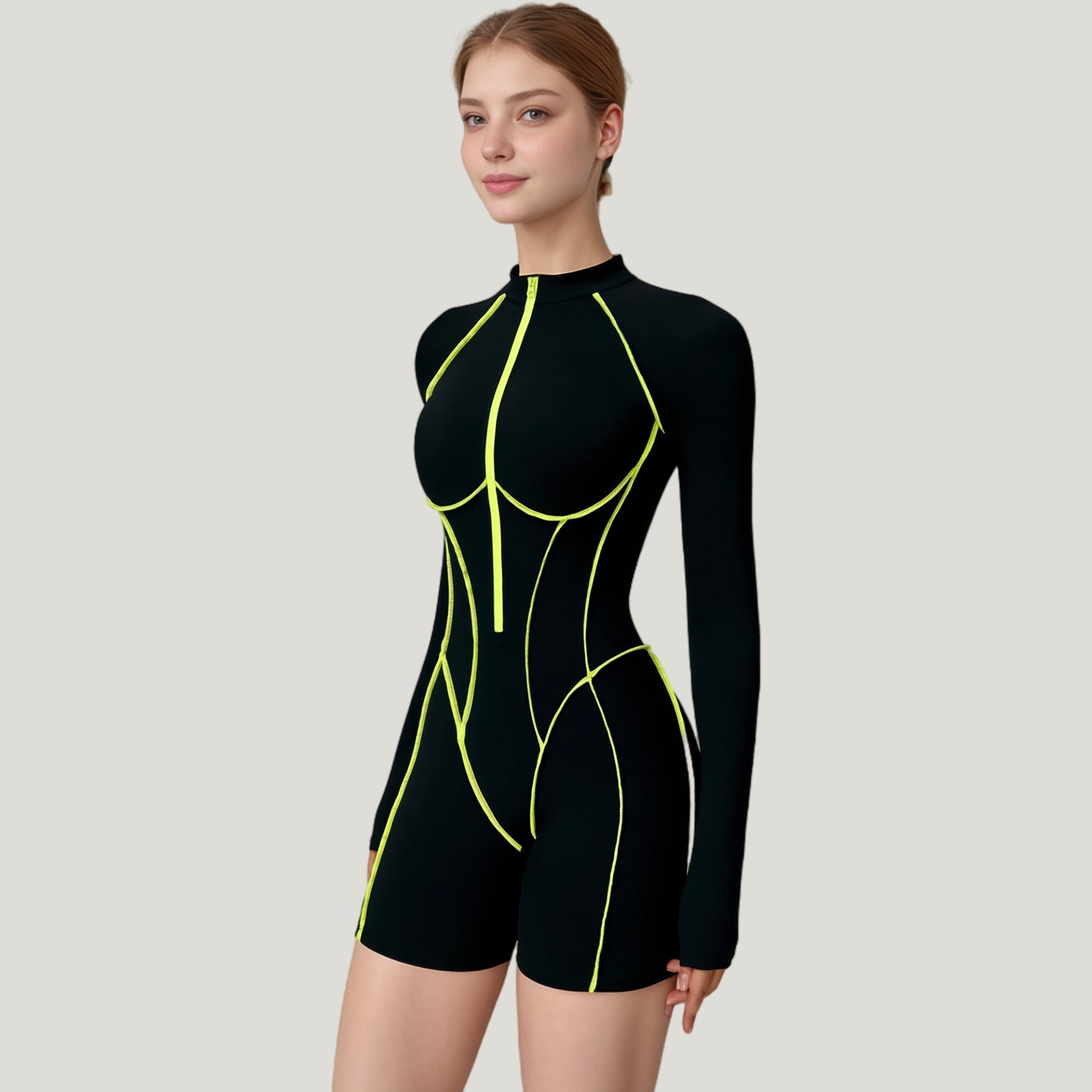 Long Sleeve Zip Front Active Romper with Neon Piping and Contoured Seams