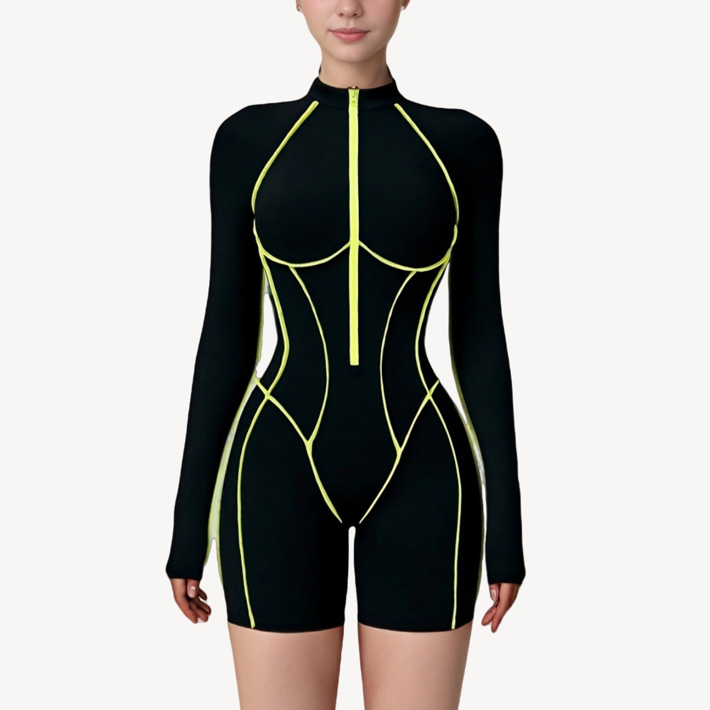 Long Sleeve Zip Front Active Romper with Neon Piping and Contoured Seams