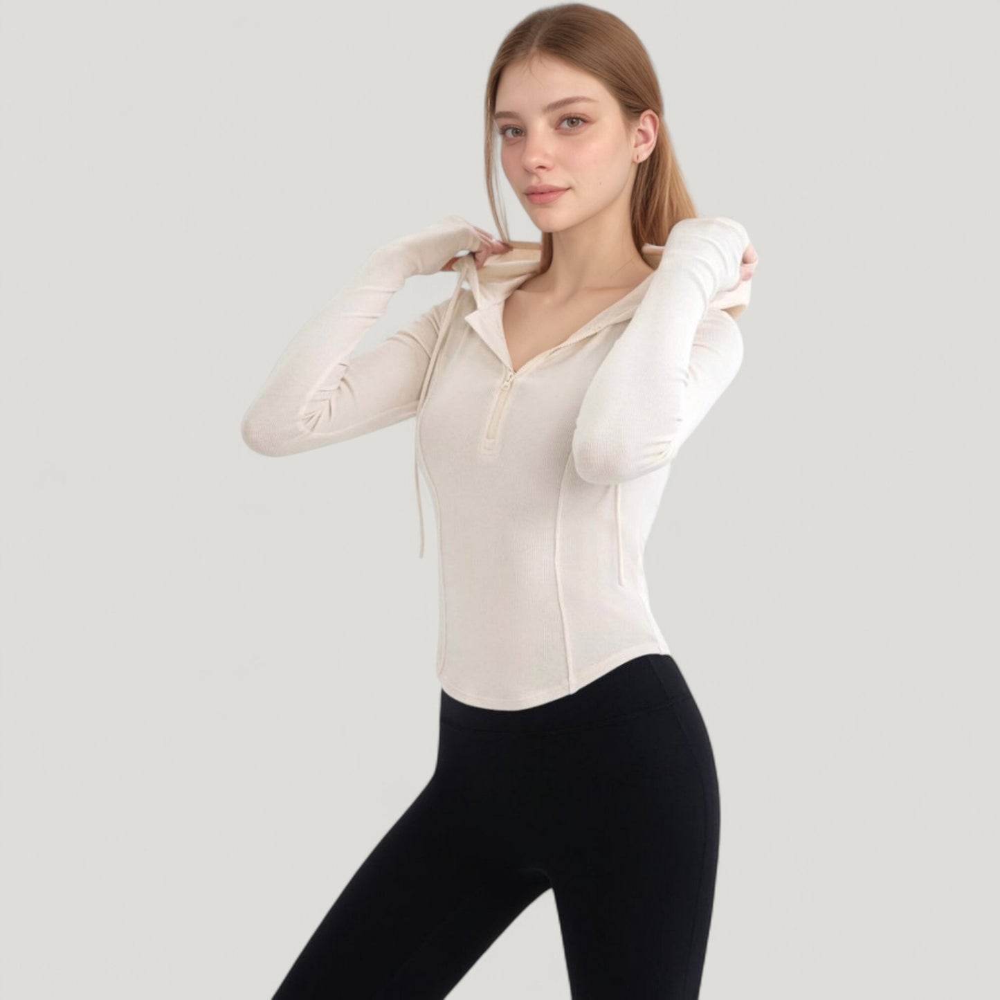 Long Sleeve Pullover Hoodie Top with Half Zip Front and Thumbhole Cuffs