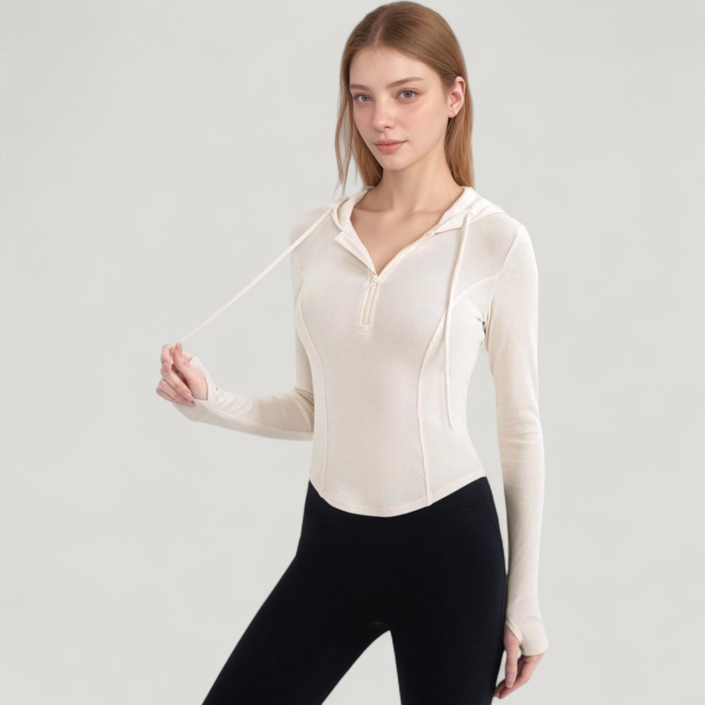 Long Sleeve Pullover Hoodie Top with Half Zip Front and Thumbhole Cuffs