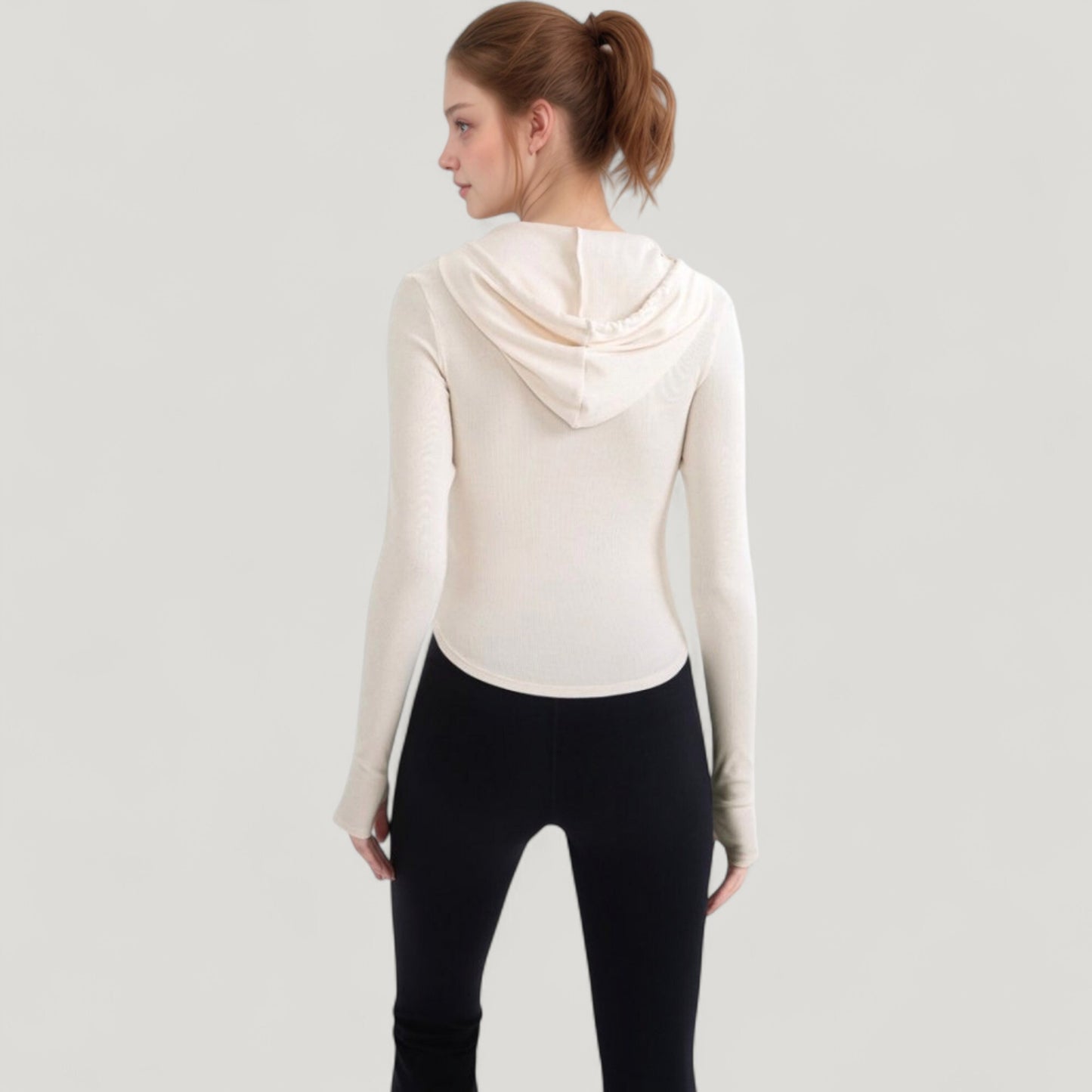 Long Sleeve Pullover Hoodie Top with Half Zip Front and Thumbhole Cuffs