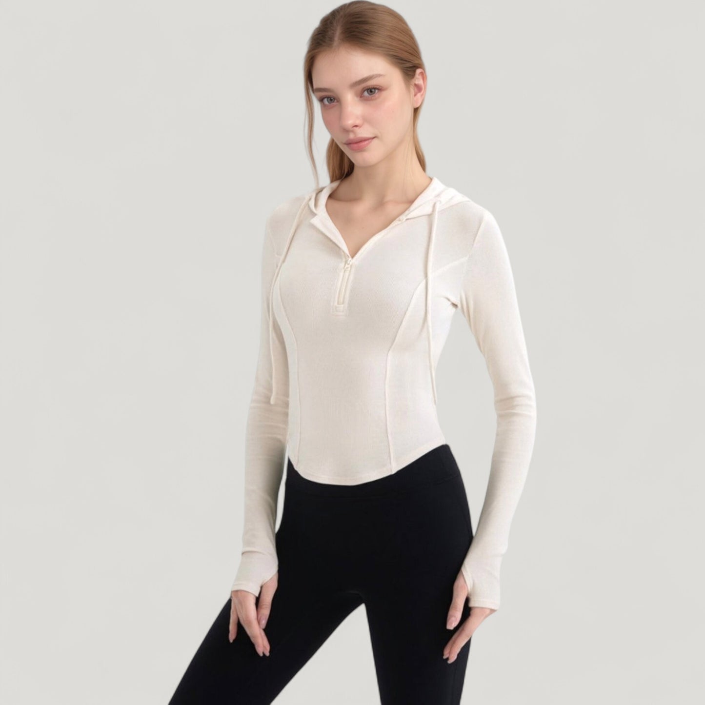 Long Sleeve Pullover Hoodie Top with Half Zip Front and Thumbhole Cuffs