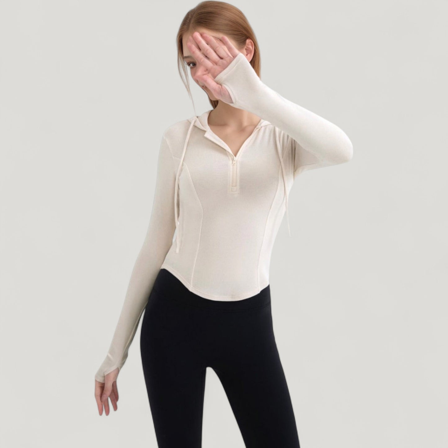 Long Sleeve Pullover Hoodie Top with Half Zip Front and Thumbhole Cuffs