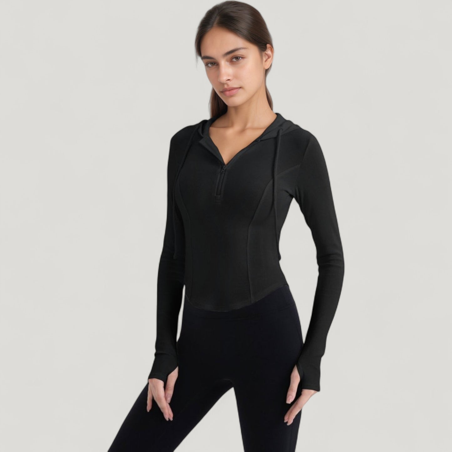 Long Sleeve Pullover Hoodie Top with Half Zip Front and Thumbhole Cuffs