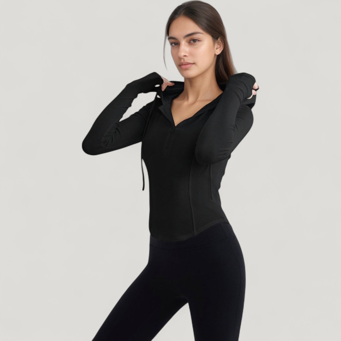 Long Sleeve Pullover Hoodie Top with Half Zip Front and Thumbhole Cuffs